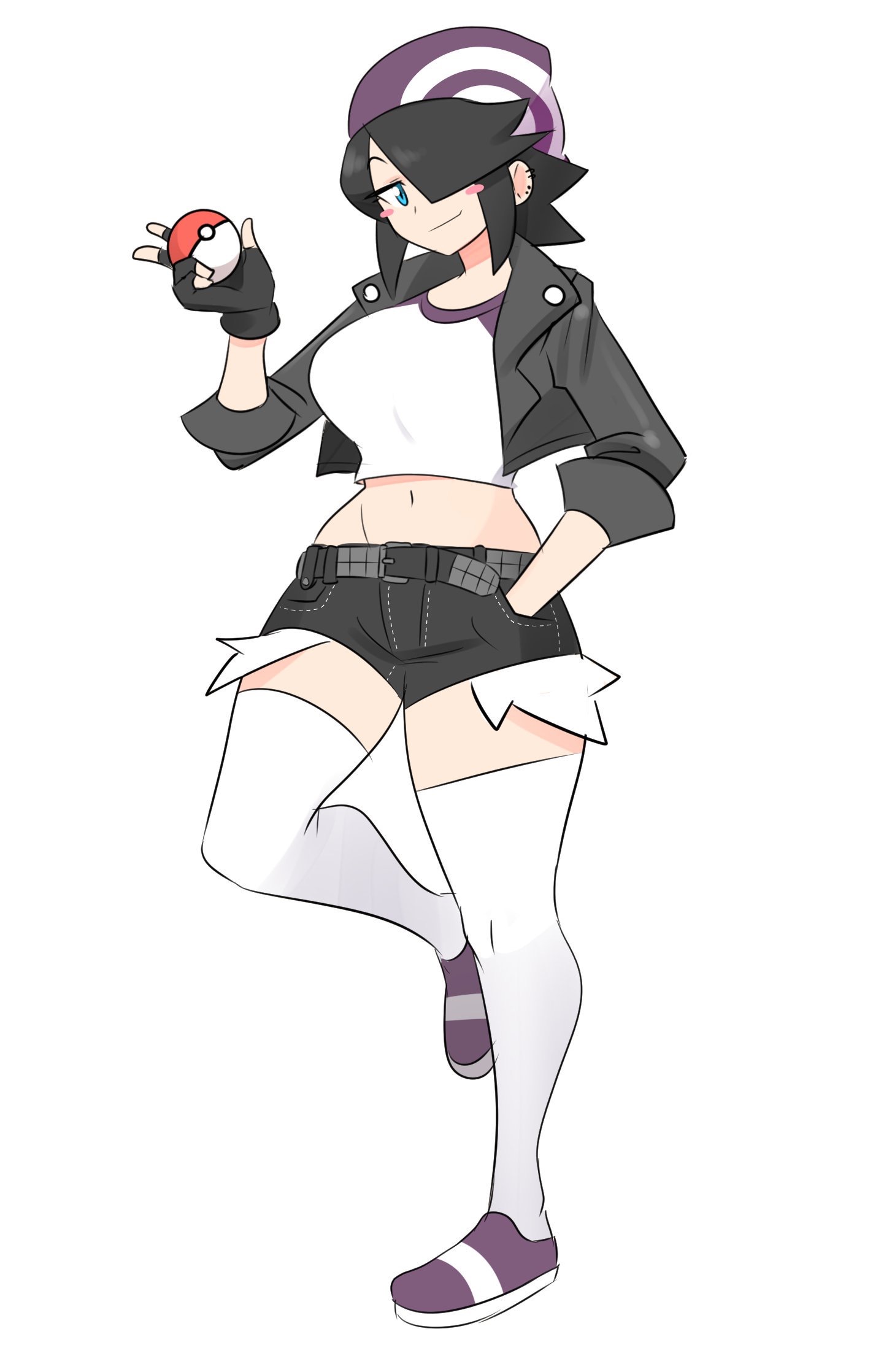 1girls, bare midriff, big breasts, breasts, female, human, humanized, maggie applebee, pokeball, pokemon, solo, solo female, theycallhimcake, white background
