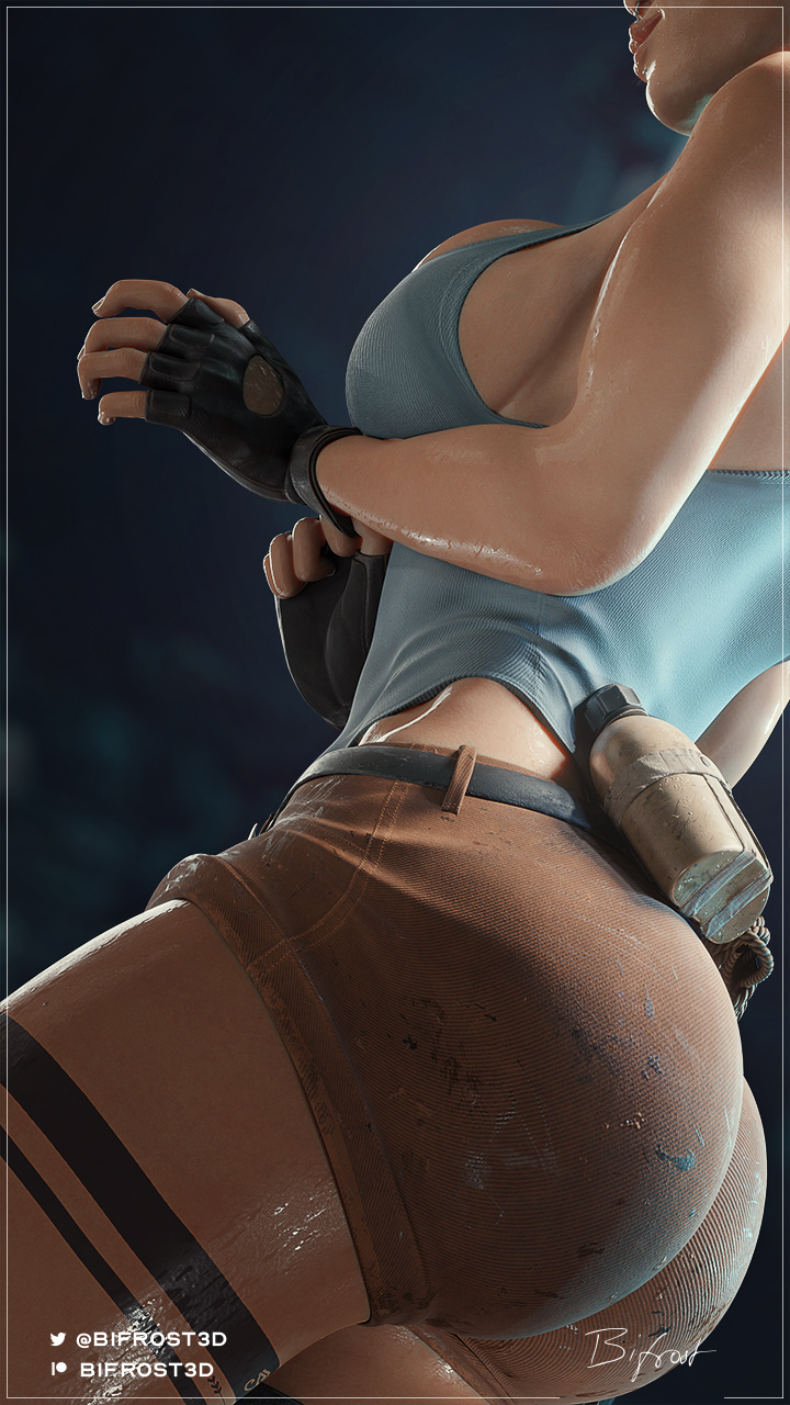 1girls, 3d, 9:16, alternate breast size, ass, bifrost3d, big breasts, booty shorts, breasts, bubble ass, bubble butt, cleavage, curvy, erect nipples, female, female only, fingerless gloves, gloves, hourglass figure, huge breasts, human, lara croft, lara croft (survivor), large ass, large breasts, muscular, muscular female, nipple bulge, nipples, piercing, short shorts, shorts, side view, sideboob, signature, solo, solo female, text, tomb raider, tomb raider (survivor), wide hips
