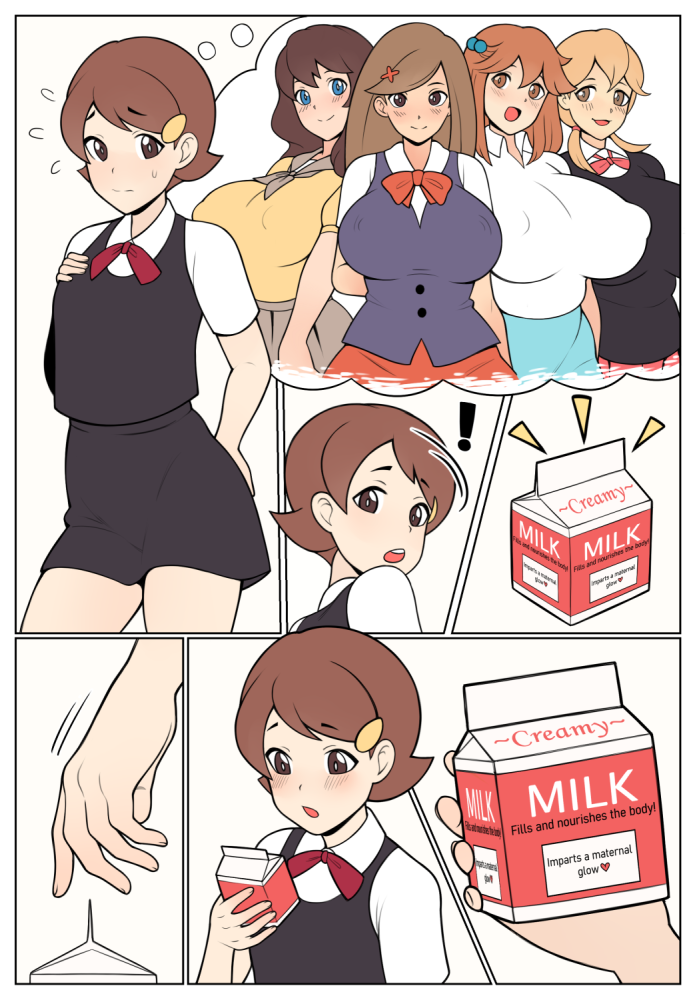belka dog, blushing, breast envy, breasts, brown eyes, brown hair, comic, cuccoking, female, milk, milk carton, multiple females, multiple girls, nipple bulge, school uniform, schoolgirl, sequence, short hair