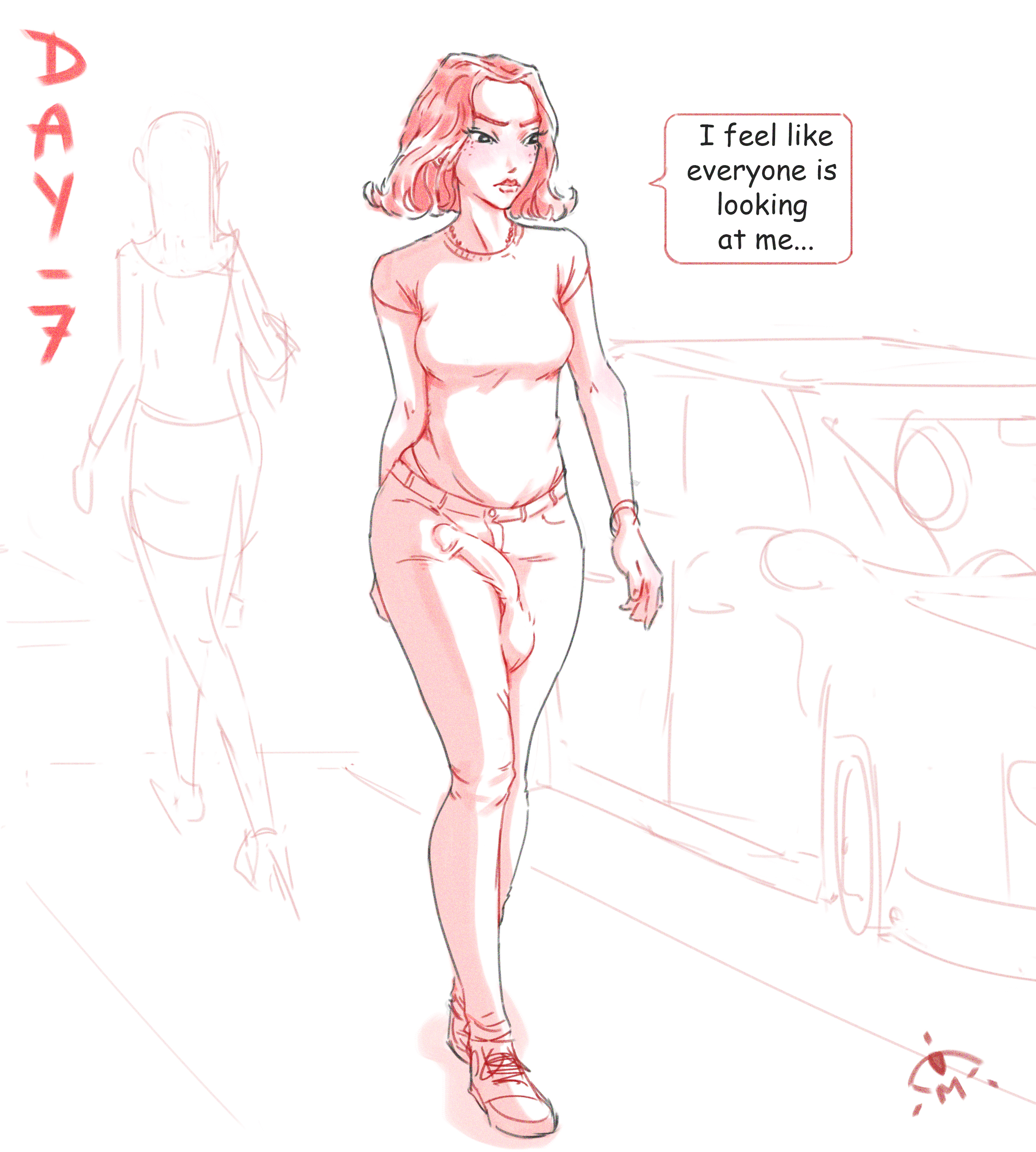 1futa, areolae, balls, big balls, breasts, bulge, clothed, clothing, dialogue, fully clothed, futanari, human, intersex, menacing eyes (artist), monochrome, no nut november, penis, public, solo focus, solo futa, talking to self, text