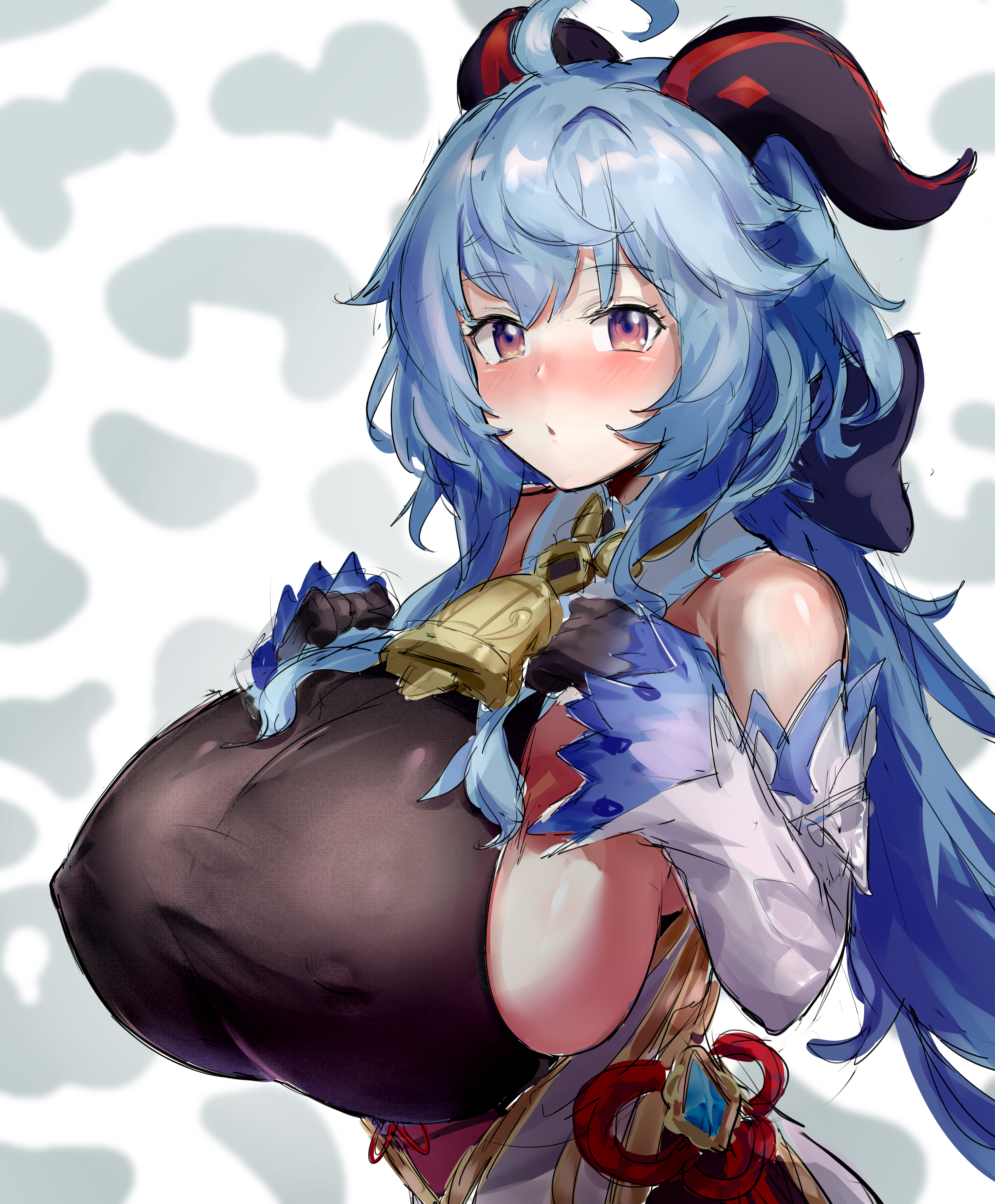 blush, breasts, bursting breasts, cowbell, erect nipples, erection under clothes, female, ganyu (genshin impact), genshin impact, goat horns, hi res, huge breasts, looking at viewer, nipples, sideboob
