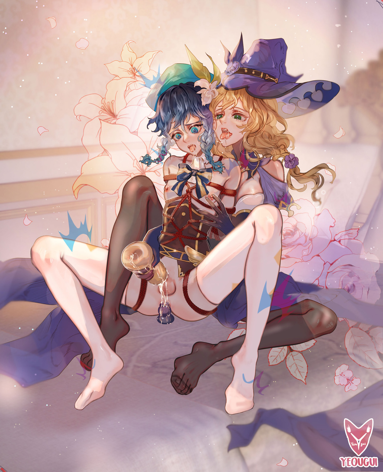 1boy, 1girls, cum, ear licking, elbow gloves, female, female domination, femdom, fleshlight, genshin impact, gloves, handjob, handjob w/sex toy, lisa (genshin impact), male, nipple pinch, no shoes, onahole, penetrable sex toy, reach around, rope harness, saliva, sex toy, stockings, thighhighs, tongue, tongue out, venti (genshin impact), yeougui