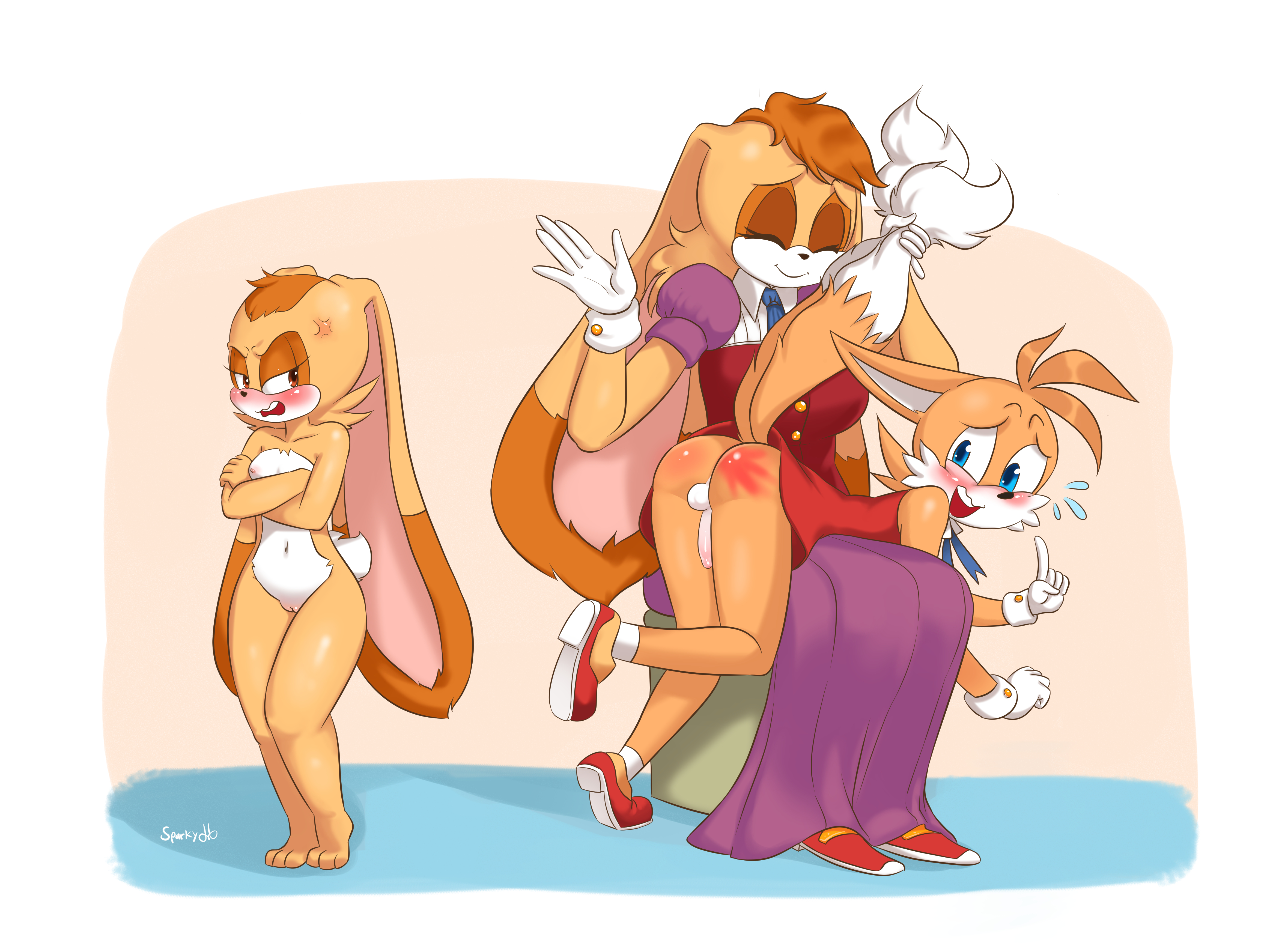 ass, balls, breasts, clothing, cream the rabbit, crossdressing, dress, embarrassed, female, femboy, girly, humanoid, male, no humans, non-human, non-human only, penis, pussy, sonic (series), spanking, sparkydb, tails, tails the fox, vanilla the rabbit