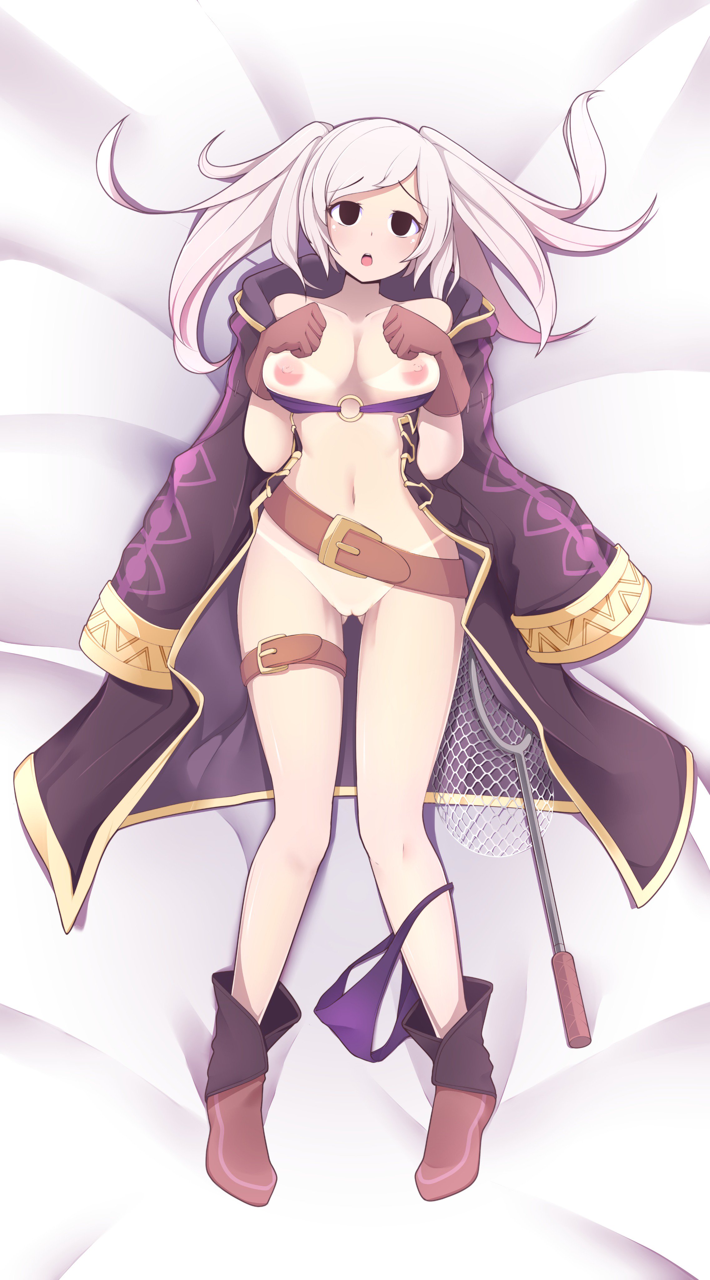 1girls, absurdres, alternate costume, alternate eye color, belt, bikini, black eyes, blush, breasts, brown gloves, collarbone, commission, dakimakura design, eyebrows visible through hair, female, fire emblem, fire emblem awakening, fire emblem heroes, fizintine, gloves, higher resolution available, highres, large breasts, looking at viewer, lying, navel, nintendo, nipples, o-ring, o-ring bikini, o-ring top, official alternate costume, on back, parted lips, purple bikini, purple swimsuit, pussy, robin (fire emblem), robin (fire emblem) (female), smile, solo, swimsuit, tan, tanline, tanlines, twintails, uncensored, white hair