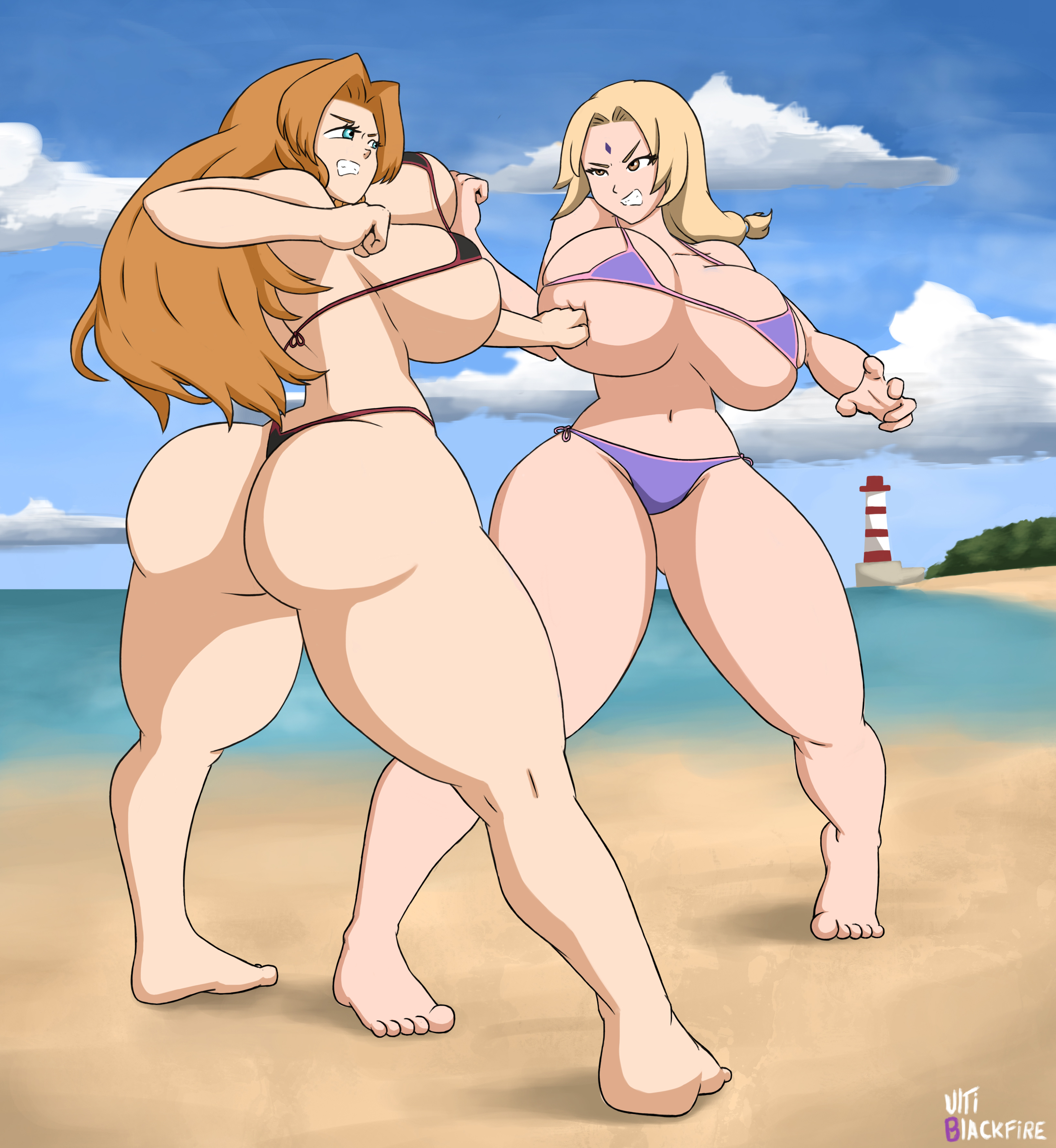 2girls, alternate breast size, angry, ass, bangs, barefoot, beach, big ass, big breasts, bikini, bleach, blonde hair, blue eyes, bouncing breasts, breast punch, breasts, brown eyes, clenched fist, clenched hand, clenched teeth, crossover, facial mark, feet, female, female only, fighting, forehead mark, huge breasts, human, long hair, low twintails, matsumoto rangiku, micro bikini, multiple females, multiple girls, naruto, naruto (series), oceanic dolphin, orange hair, punching, sand, swimwear, thick thighs, tied hair, toes, tsunade, twintails, ultiblackfire, voluptuous, water