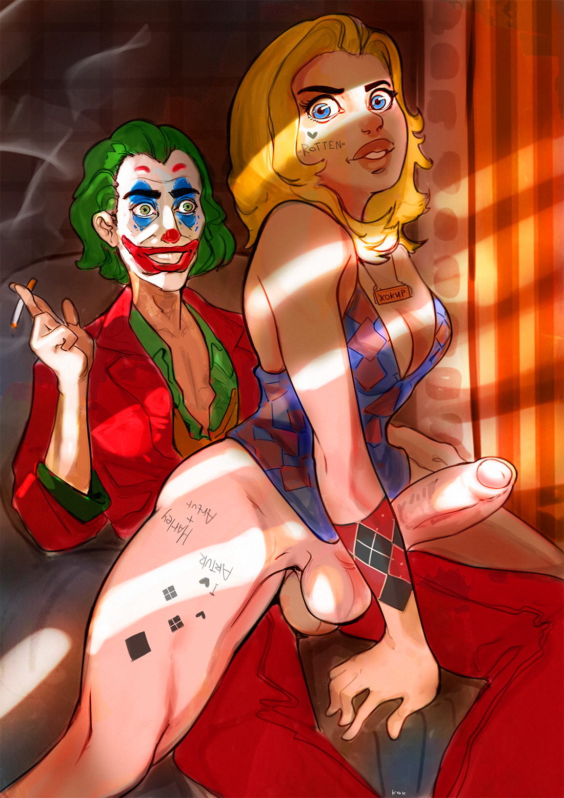 1boy, 1futa, anal, anal sex, big penis, blonde hair, blue eyes, breasts, cigarette, clown, dc, dc comics, dickgirl, dickgirl/male, futanari, harley quinn, huge cock, intersex, joker, kokman, male, male on futa, penis, small breasts, smoking, tattoo, tattoos