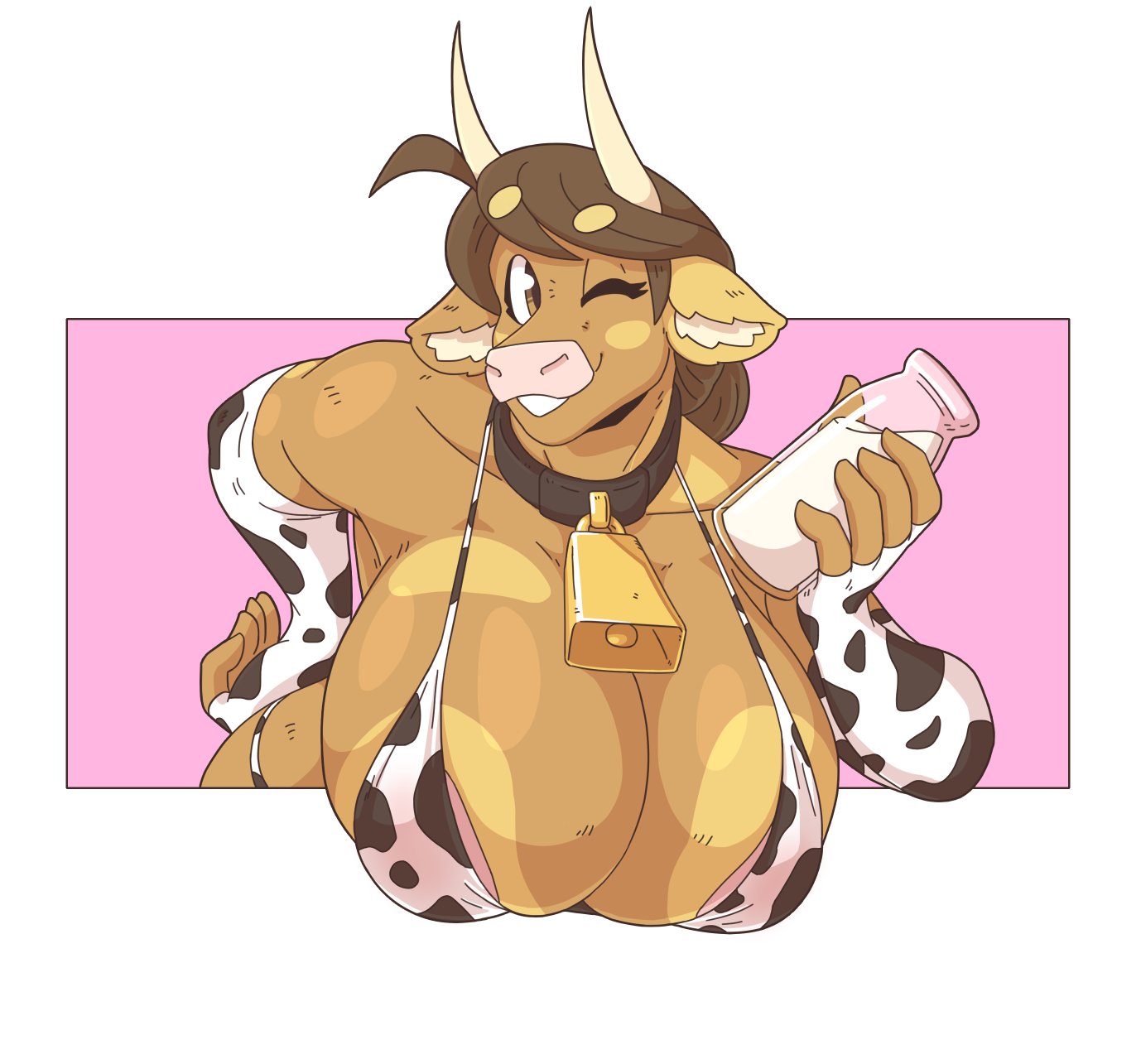 1girls, anthro, areola slip, bent over, big breasts, bikini, bovine, breasts, brown eyes, brown fur, brown hair, cleavage, cow bikini, cow ears, cow girl, cow horns, cow print, cowbell, female, female only, fingerless elbow gloves, furry, furry only, glass, hand on hip, highres, holding glass, long hair, looking at viewer, milk, molly (slightlysimian), pink nose, slightlysimian, solo, solo female, wink, winking at viewer