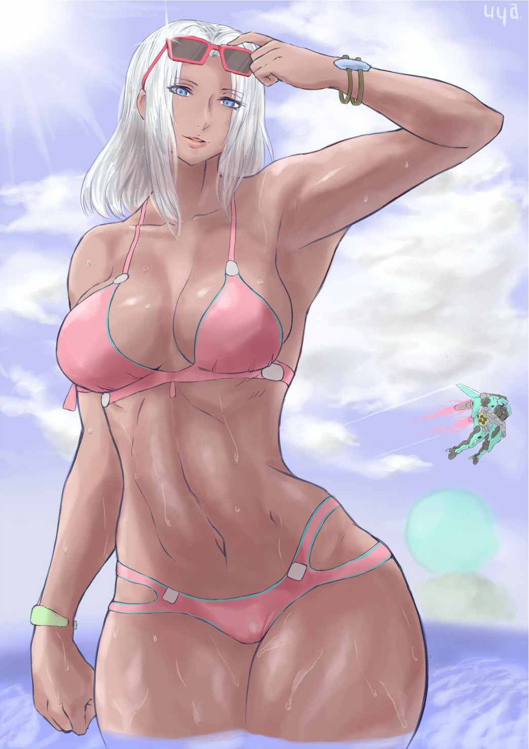 big_breasts bikini blue_eyes elma_(xenoblade_x) eyewear_on_head eyewear_removed huyamuyaz pink_clothing sunglasses sunglasses_on_head sunglasses_removed swimming swimsuit tagme uya_(yurukah) white_hair xenoblade_(series) xenoblade_chronicles_x