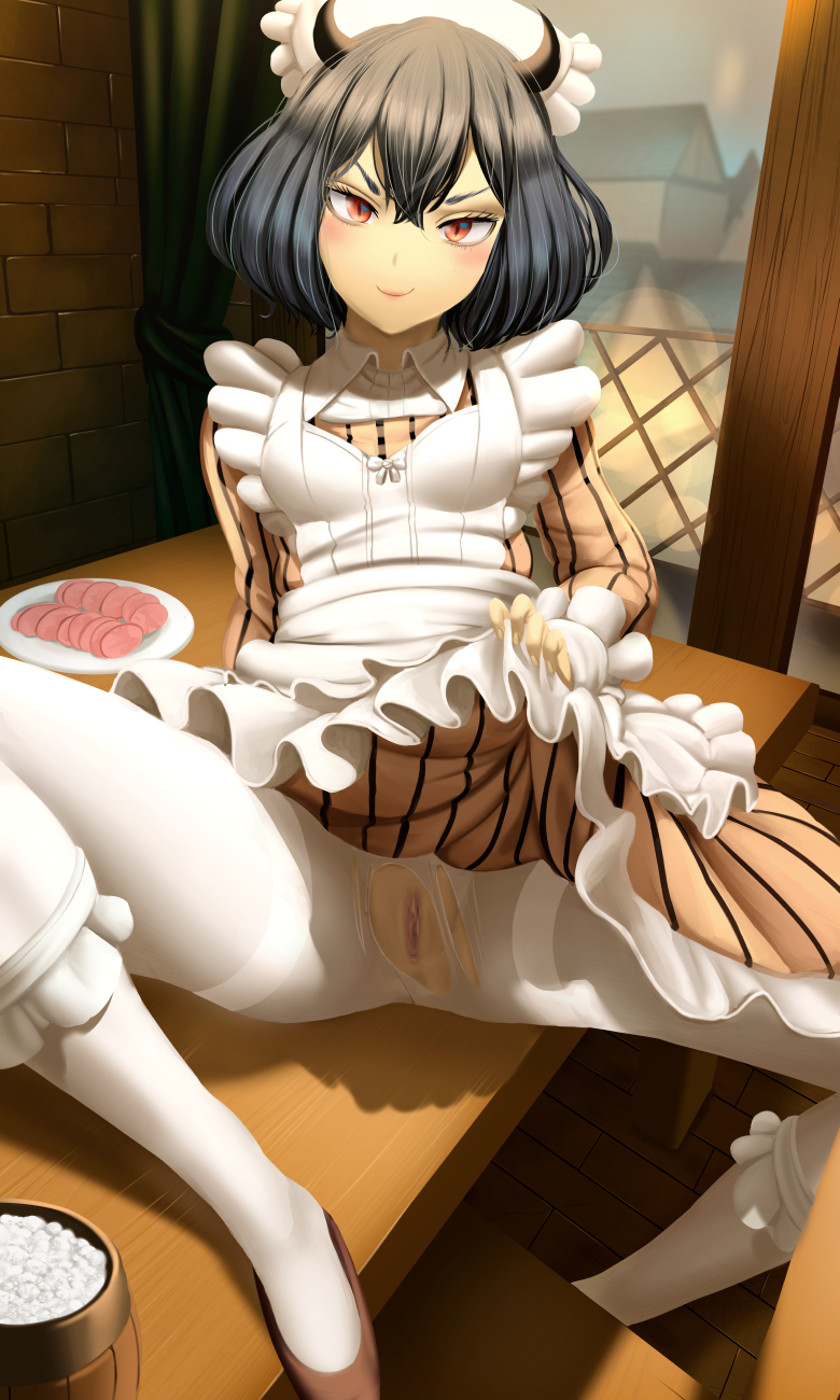 1girls alternate_version_available black_clover black_hair blush cafe clitoris dress_lift exposed_pussy flats food furrowed_eyebrows horns ioemi legs_apart legs_spread legwear looking_at_viewer maid maid_apron maid_headdress maid_uniform on_table pantyhose partially_clothed petite presenting presenting_pussy pussy red_eyes ripped_clothing ripped_pantyhose secre_swallowtail short_hair small_breasts smile smirk smug spread_legs thighs window