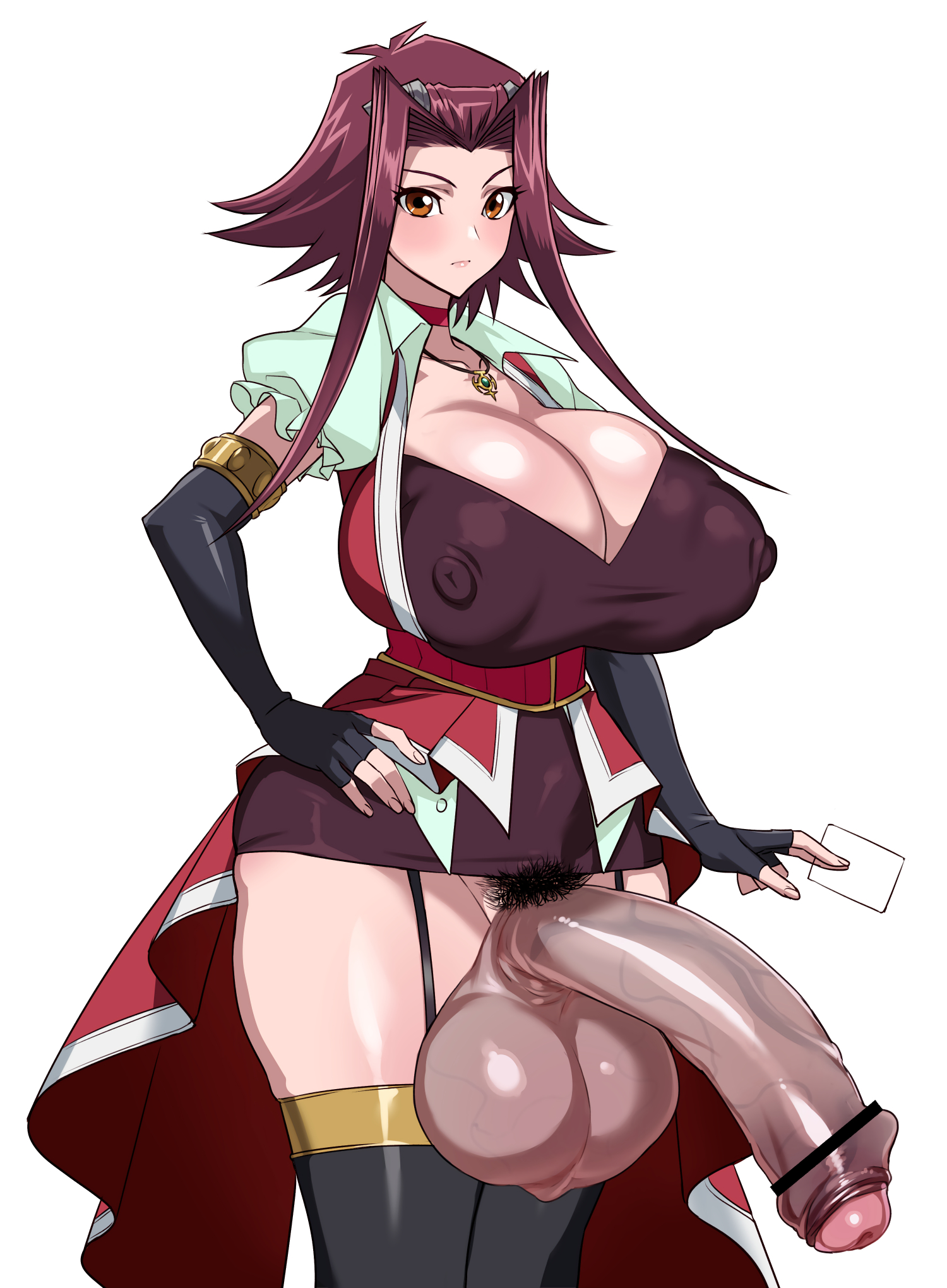 1futa, akiza izinski, balls, big balls, big breasts, big penis, breasts, censored, clothed, clothing, dark penis, darkened genitalia, futa only, futanari, hairy pussy, huge areolae, huge balls, huge breasts, huge cock, huge testicles, human, intersex, looking at viewer, mostly clothed, nipple bulge, nipples, nipples visible through clothing, pale skin, penis, pubic hair, pussy, red hair, solo, solo futa, testicles, yanazuri (kimossari337), yu-gi-oh!, yu-gi-oh! 5d's