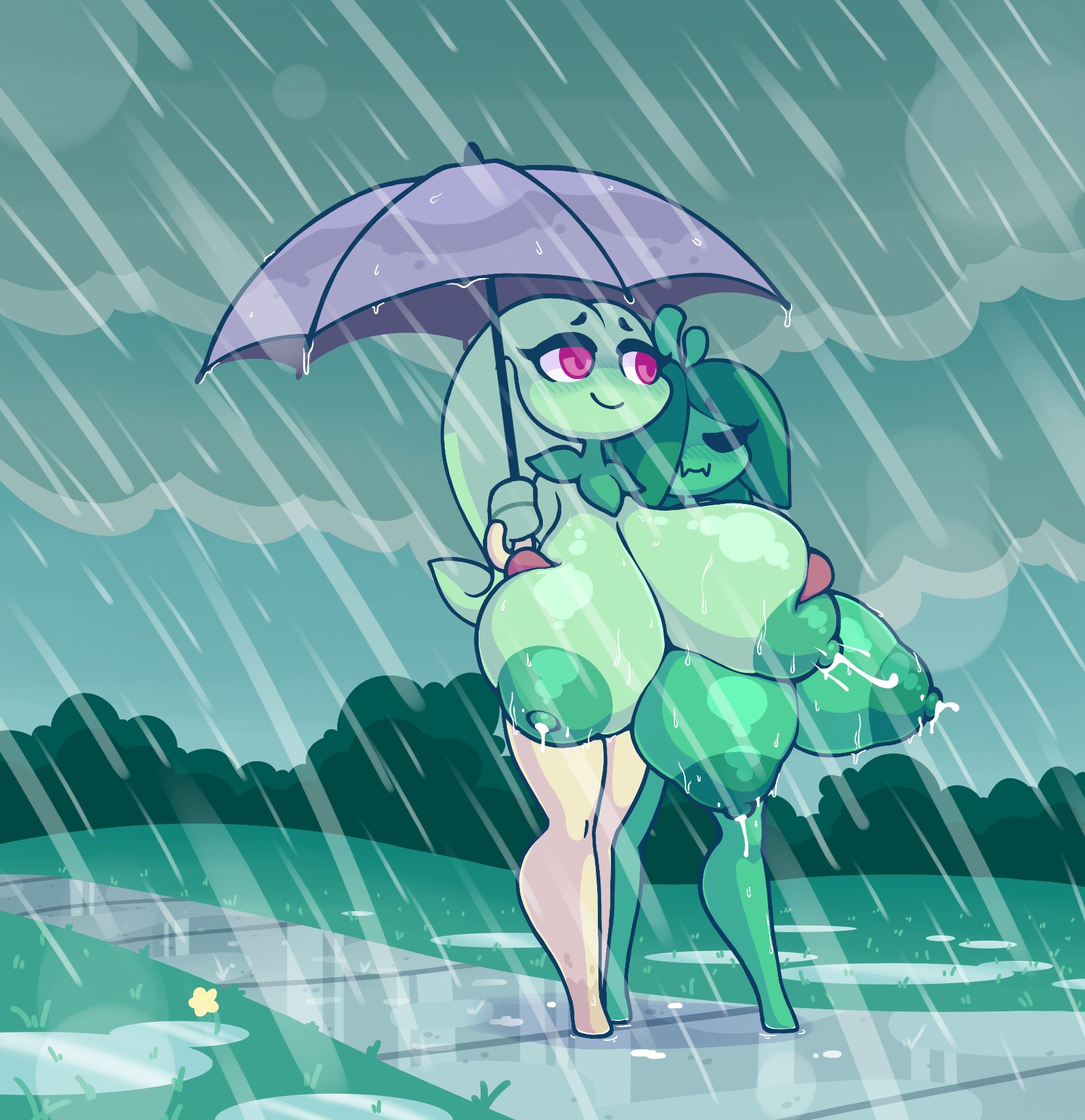 2020, anthro, arm around neck, arm around shoulders, barefoot, bella (screwroot), big breasts, blush, breast expansion, breast growth, breast growth (enlargement), breast on breasts, breasts, breasts bigger than head, closed eyes, closed mouth, completely nude, couple, enlarged breasts, enoki (vonjungle), exhibitionism, female, female focus, female only, female/female, flora fauna, full body, hand on breast, happy, huge breasts, inflation, lactation, leaking milk, love, lovers, milk, naked, naked female, naked stockings, nude, nude female, nudity, park, public, public nudity, rain, raining, romantic, romantic couple, screwroot, umbrella, walking, water, wet, yuri
