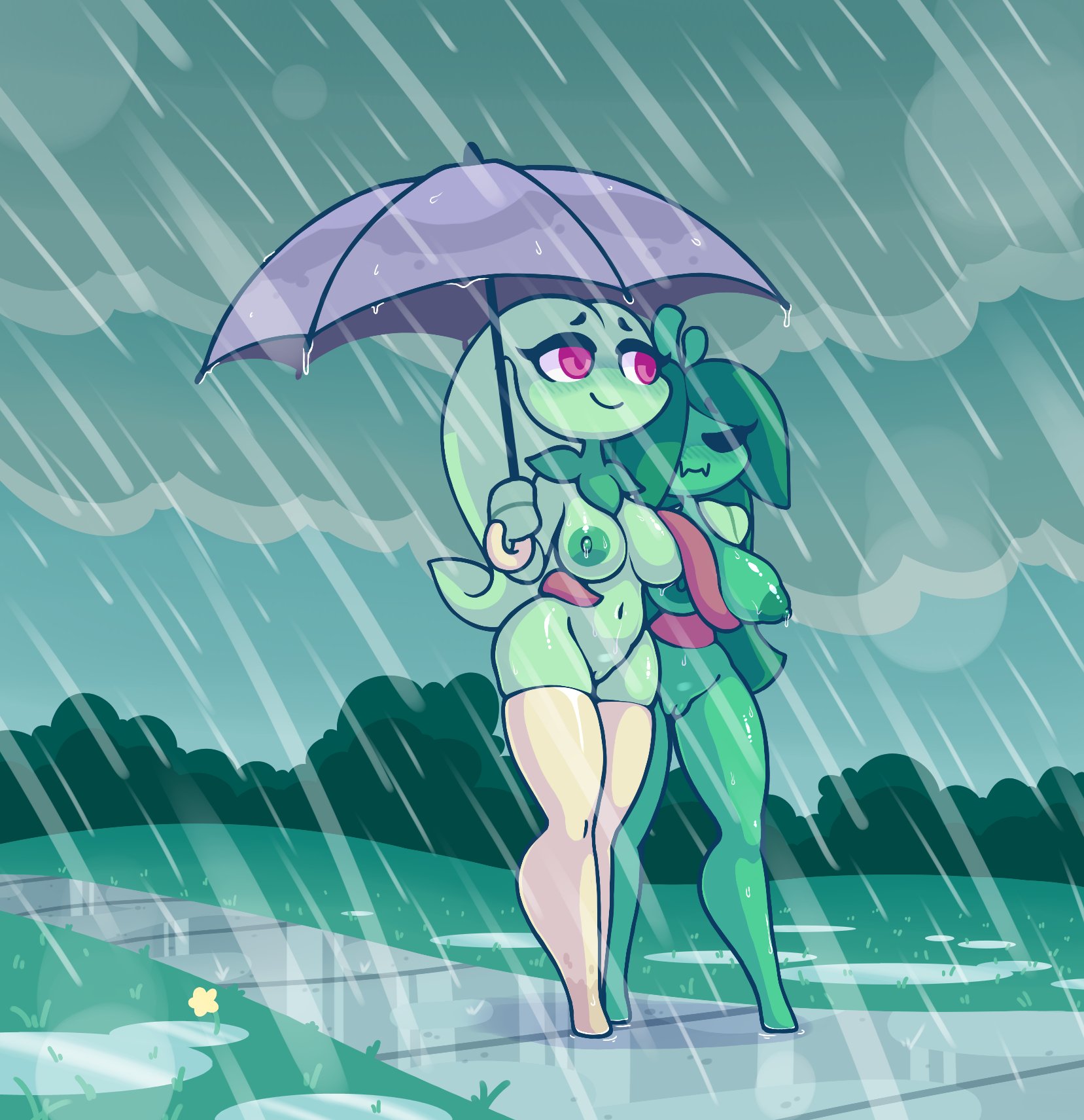 2020, anthro, arm around neck, arm around shoulders, barefoot, bella (screwroot), blush, breasts, closed eyes, closed mouth, completely nude, couple, enoki (vonjungle), exhibitionism, female, female focus, female only, female/female, flora fauna, full body, hand on breast, hand on hip, happy, love, lovers, naked, naked female, naked stockings, navel, nude, nude female, nudity, park, public, public nudity, pussy, rain, raining, romantic, romantic couple, screwroot, umbrella, walking, water, wet, yuri