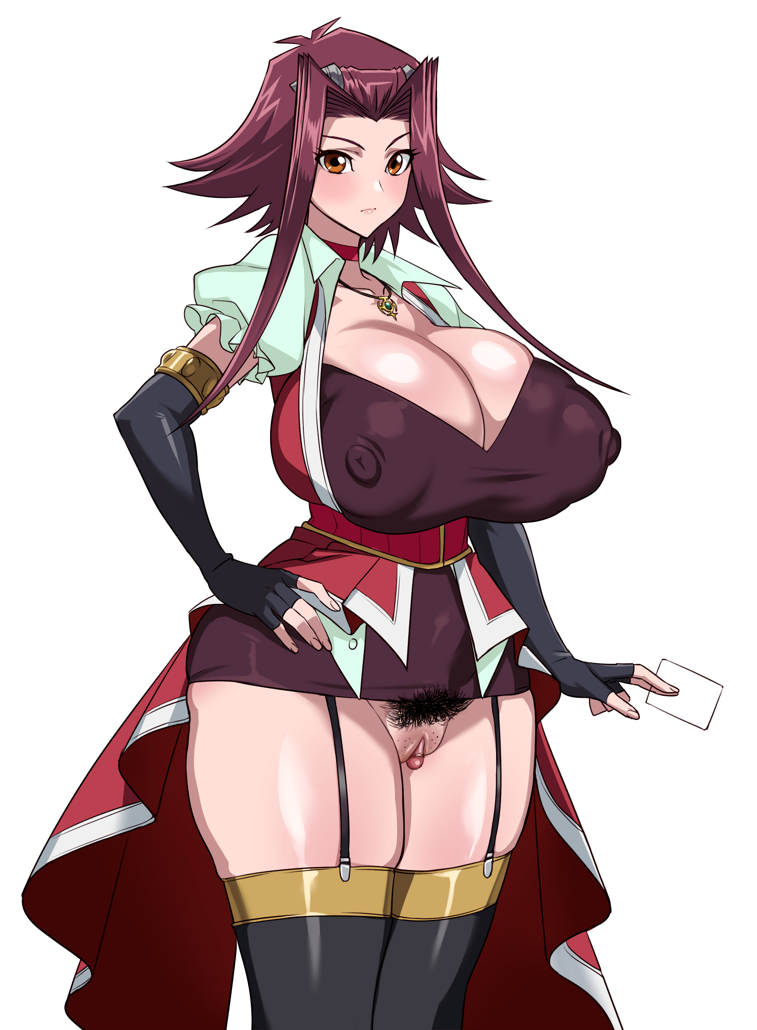 1girls, akiza izinski, big breasts, breasts, burgundy hair, bush, female, female only, hairy pussy, huge breasts, looking at viewer, nipple bulge, nipples visible through clothing, pussy, red hair, solo female, yanazuri (kimossari337), yu-gi-oh!, yu-gi-oh! 5d's