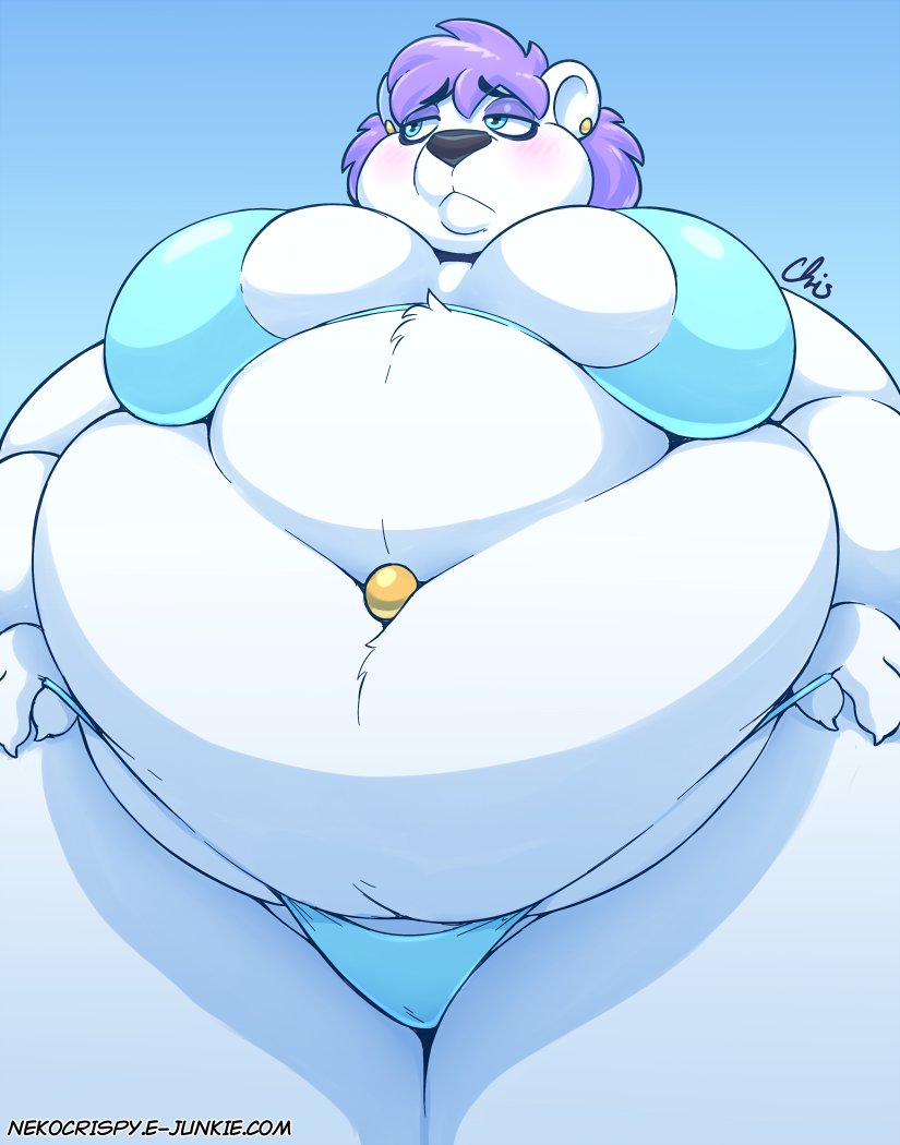 2019 bbw bear belly_button_piercing big_breasts big_stomach bikini blue_eyes blush clothing cyan_bikini earrings embarrassed fat female female_focus female_only huge_breasts nekocrispy obese obese_female overweight overweight_female polar_bear presenting purple_hair simple_background snow_(nekocrispy) squish ssbbw thick_thighs ursid white_fur