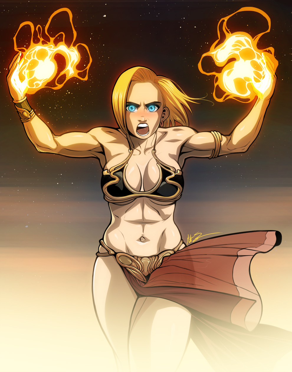 1girls, abs, android 18, angry, armlet, armpits, arms up, athletic, athletic female, belly dancer, belly dancer outfit, biceps, big breasts, blonde hair, blue eyes, blush, blushing, bracelet, breasts, busty, cosplay, crossover, crossover cosplay, dancer, dancer outfit, dragon ball, dragon ball z, earrings, female, female focus, female only, harem outfit, hourglass figure, human, human only, large breasts, light skin, light-skinned female, loincloth, msperoni, muscles, muscular, navel, pinup, pinup pose, pose, posing, slave, slave bikini, slave leia (cosplay), slave outfit, solo, star wars, tagme, toned, toned female, triplexmile, wide hips