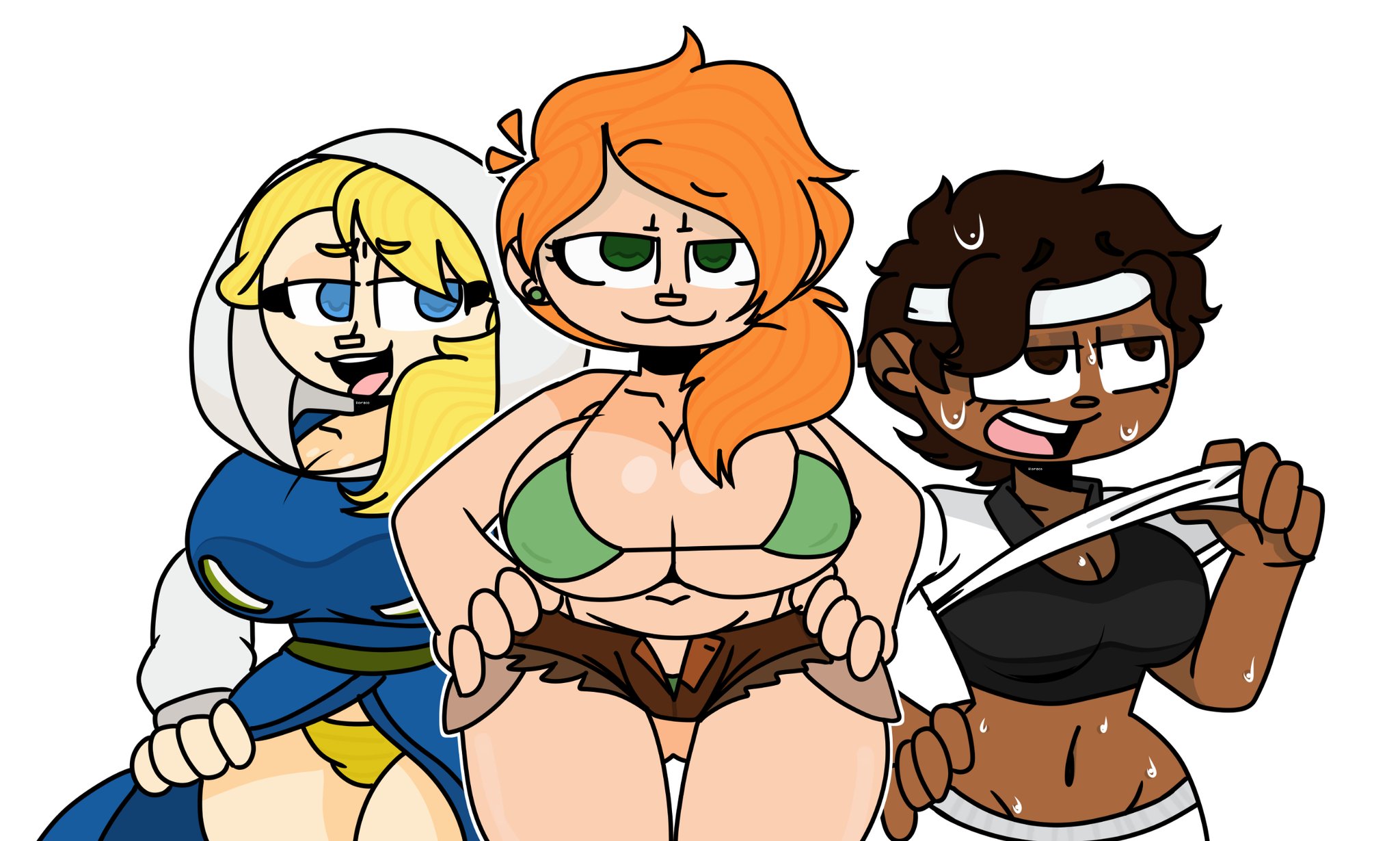 3girls, alex (minecraft), alex (swedish alex) (minecraft), bikini top, blonde hair, blue eyes, bra, brown eyes, brown hair, dark skin, dark-skinned female, dress, earrings, female, green earrings, green eyes, headband, horaco, lifting clothing, lifting dress, lifting shirt, light skin, light-skinned female, milkmaid (profession), minecraft, ms. cyan, multiple females, multiple girls, orange hair, revealing panties, ripped clothing, ripped shorts, sweatband, sweating, tennis alex, tennis uniform, thehoraco, thick thighs, thighs, unbuttoned, unbuttoned shorts, underwear
