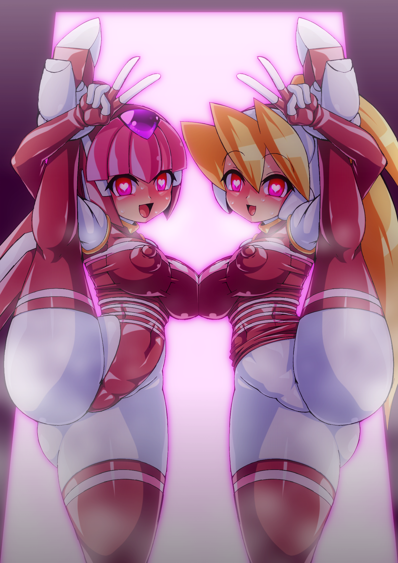 2girls, big breasts, breast to breast, breasts, ciel (mega man), clothed, clothed female, erect nipples, fairy leviathan, female, female only, female/female, fully clothed, happy, heart-shaped pupils, long hair, looking at viewer, mega man, mega man zero, mind control, multiple females, multiple girls, nipples, nipples visible through clothing, semikichi, smile, standing, tagme, v, yuri