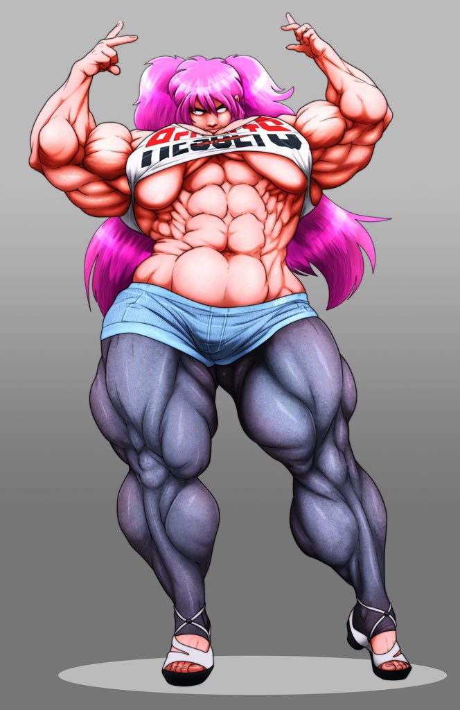 1girls abs androgynous borrowed_character extreme_muscles female flexing hyper_muscles large_breasts leggings long_hair manly muscular_female no_pupils original pectorals pink_hair rose_(smartuju) short_shorts shorts solo thick_thighs twintails vanheist veiny_muscles