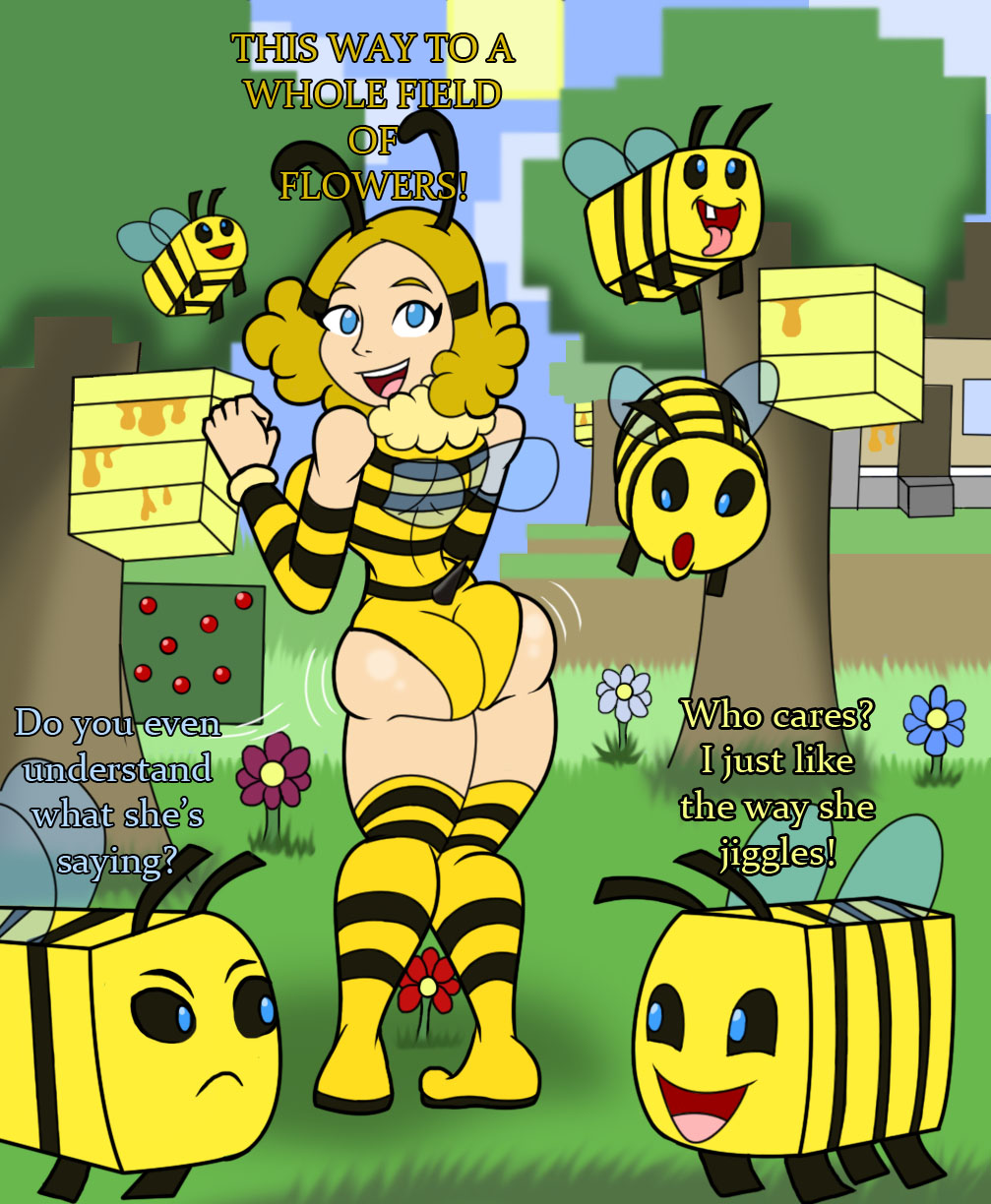 1girls ass ass_focus ass_jiggle bee bee_(minecraft) blonde_female blue_eyes costume female gijinka human knee_boots knee_high_boots minecraft original_character outfit outside shaking_butt size11shaolins stripes