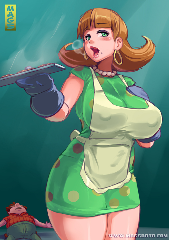 1boy 1girls apron breasts brown_hair carl_wheezer clothed covered_nipples dress female green_eyes hoop_earrings huge_breasts jimmy_neutron_boy_genius judy_neutron mature_female milf mittens mole mole_under_mouth nickelodeon pearl_necklace pornomagnum straight_hair thick_thighs unconscious