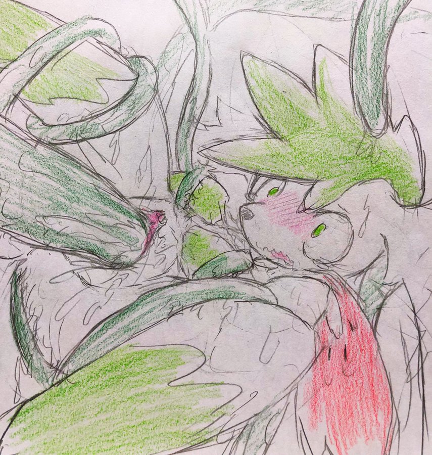 2020 black_nose blush bodily_fluids clitoris colored_pencil_(artwork) eiroru elemental_creature english_text female feral flora_fauna fur genitals gloves_(marking) green_body green_fur leg_markings legendary_pokemon looking_at_genitalia markings nintendo penetration plant pokémon_(species) pokemon pokemon_(species) restrained shaymin sky_forme_shaymin snout socks_(marking) solo sweat tears tentacle text traditional_media_(artwork) tuft vaginal_penetration video_games vines white_body white_fur wide_eyed