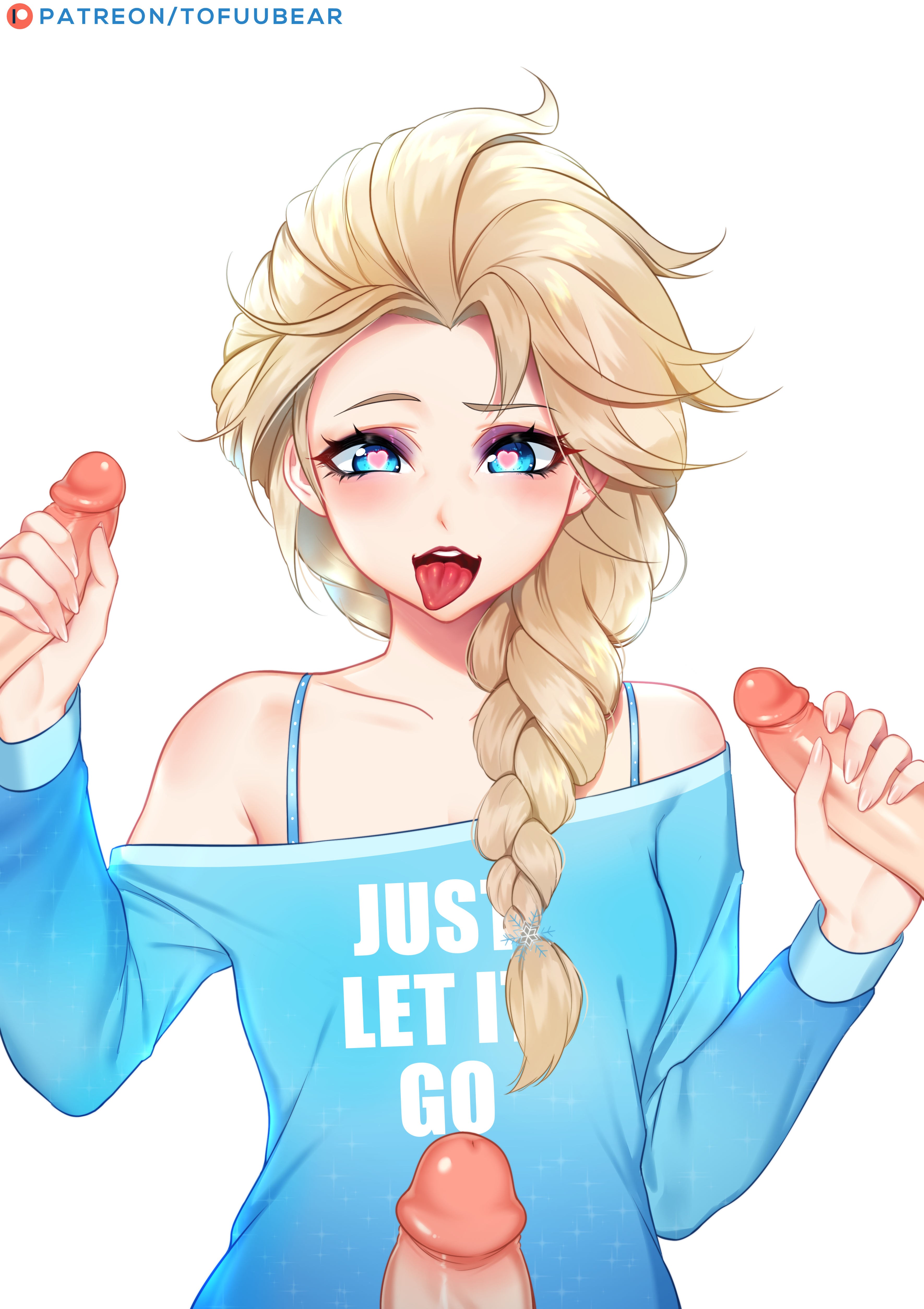blonde hair, blue eyes, double handjob, elsa (frozen), erection, female, frozen (film), handjob, heart-shaped pupils, long hair, male, open mouth, penis, tofuubear, tongue, tongue out, uncensored