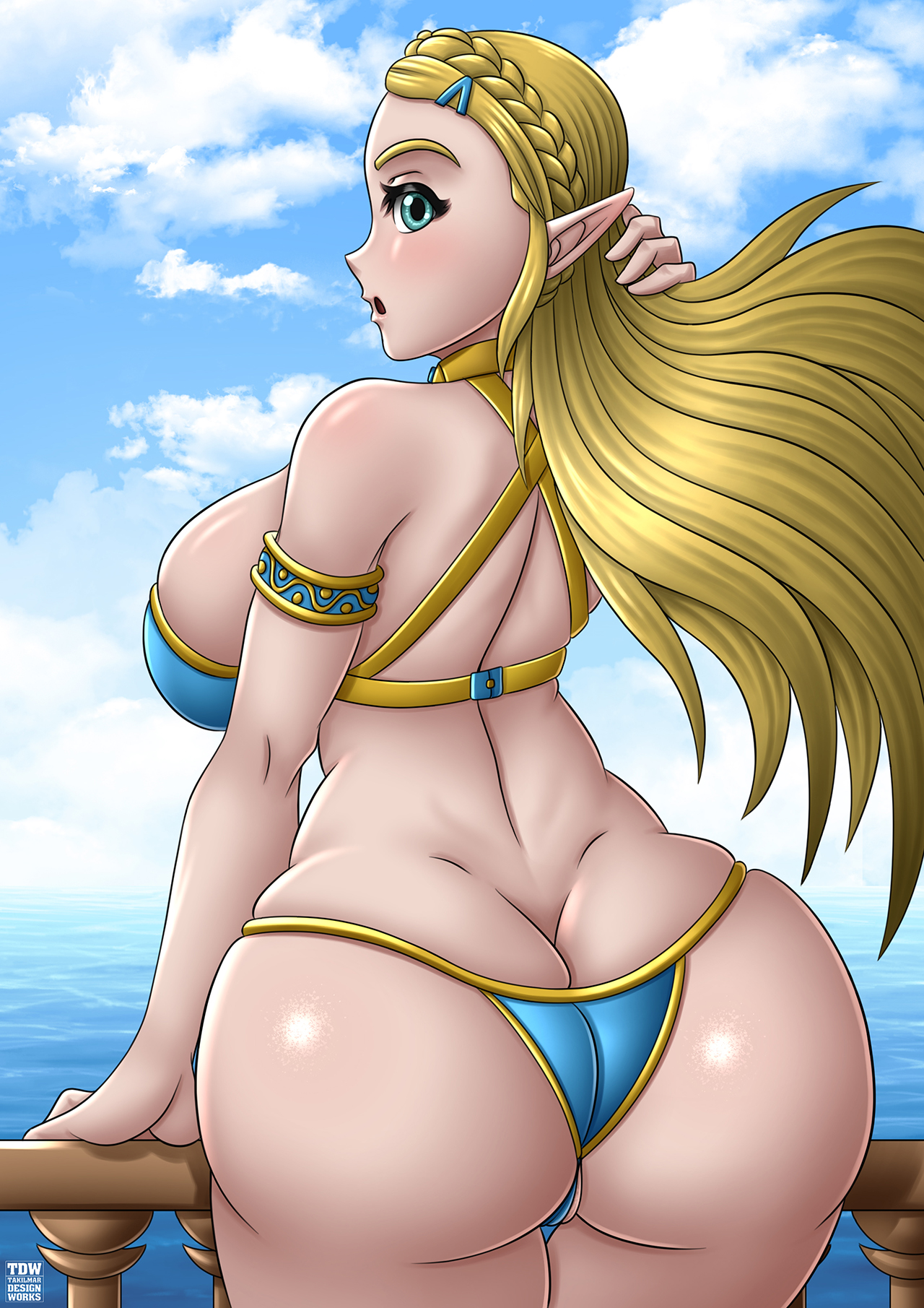 1girls, ass, ass crack, ass focus, big ass, big breasts, bikini, blonde, blonde hair, blue eyes, braided hair, breasts, breath of the wild, butt crack, curvy, female, female only, green eyes, huge ass, huge breasts, huge butt, long hair, looking back, nintendo, outdoors, pointy ears, princess zelda, sea, sideboob, solo, solo female, takilmar, the legend of zelda, the legend of zelda: breath of the wild, thick thighs, zelda (breath of the wild)