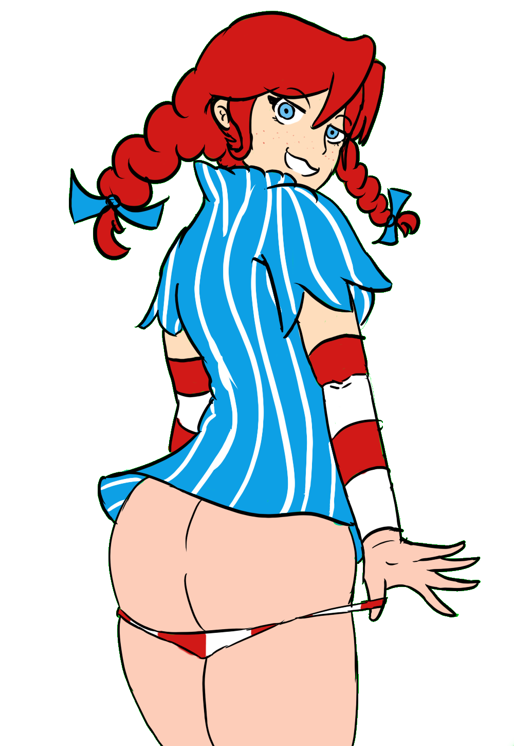 1girls ass blue_eyes bow braids breasts cheeky detached_sleeves dress female freckles hair_ornament hairbow looking_back panties puffy_short_sleeves red_hair smile solo striped_panties striped_sleeves stripes twin_braids underwear wendy's wendy_thomas