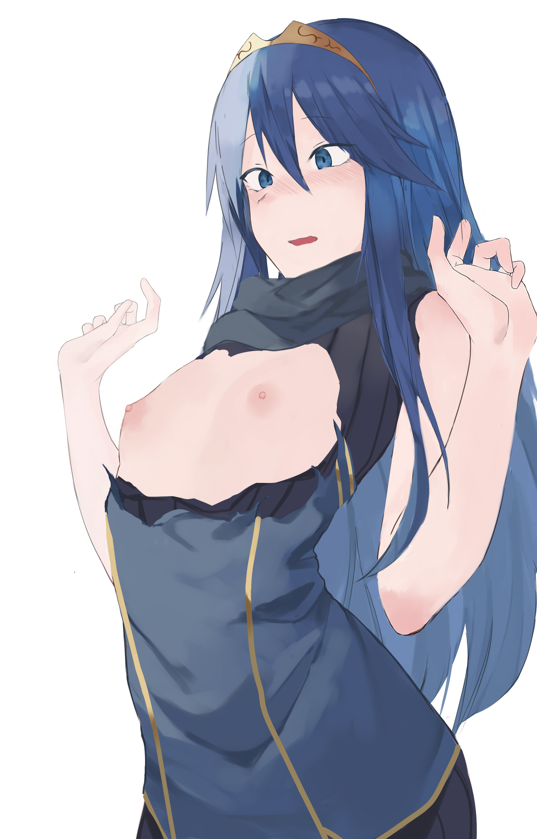 1girls, absurdres, black shirt, blue eyes, blue hair, blue scarf, blue shirt, blush, breasts, breasts out, commentary, cross-eyed, embarrassed, exposed breasts, female, fire emblem, fire emblem awakening, highres, keiz, long hair, looking down, lucina (fire emblem), nintendo, nipples, no bra, open mouth, ribbed shirt, scarf, shirt, simple background, sleeveless, sleeveless shirt, small breasts, solo, solo female, tiara, torn clothes, torn shirt, undershirt, upper body, white background