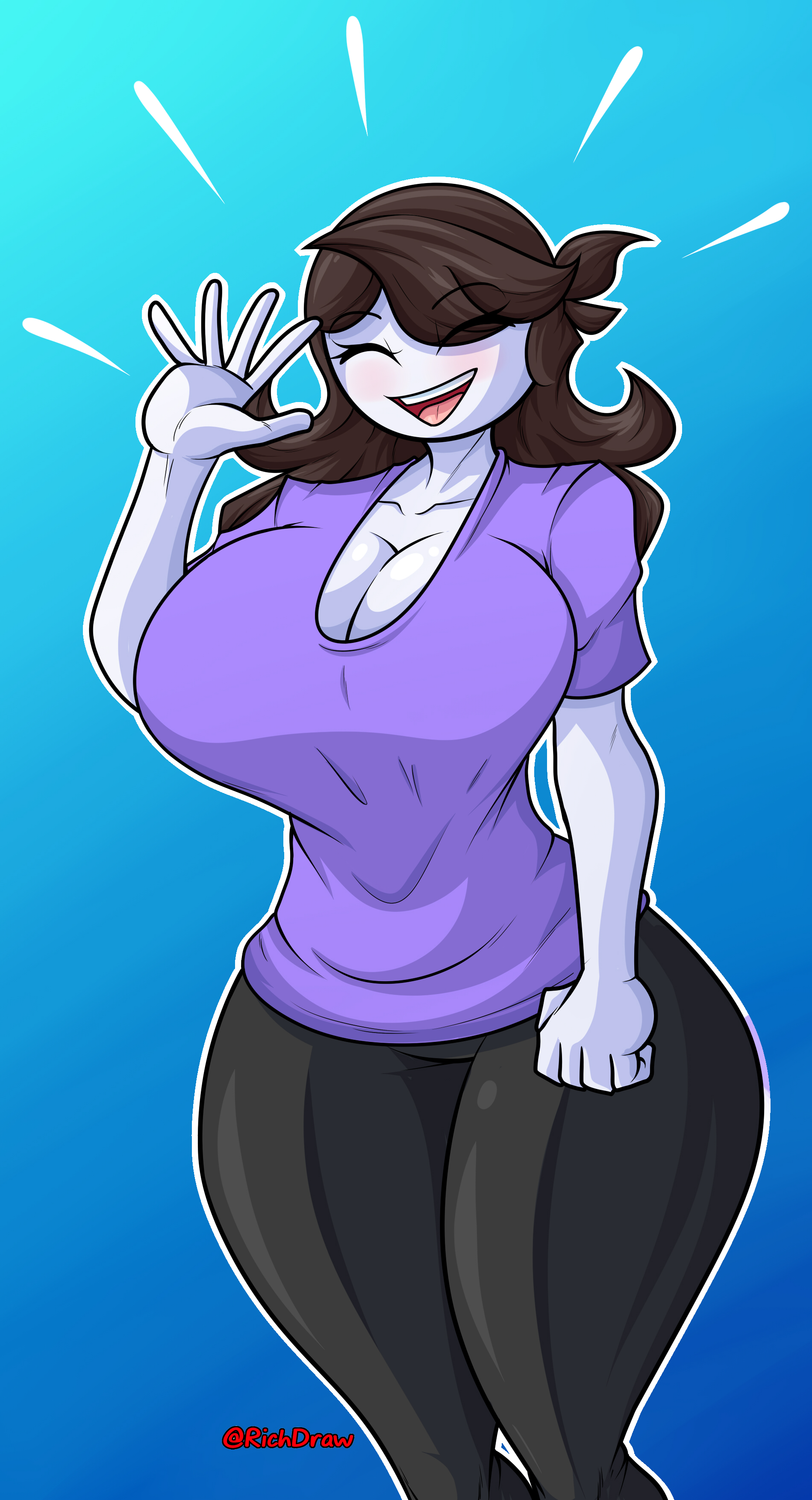 1girls, 5 fingers, ass, belly, big ass, big breasts, big butt, black pants, blue background, blush, blushing, breasts, brown hair, cleavage, clothed, clothes, clothing, english text, eyes closed, female, female only, fully clothed, hips, hourglass figure, huge ass, huge breasts, huge butt, human, human only, humanoid, jaiden, jaiden animations, large ass, large breasts, large butt, light skin, looking at viewer, no nose, noseless, open mouth, purple shirt, richdraw, simple background, smile, smiling, smiling at viewer, solo, solo female, standing, teeth, text, thick, thick ass, thick thighs, thighs, tongue, voluptuous, watermark, waving, wide hips, youtube, youtuber