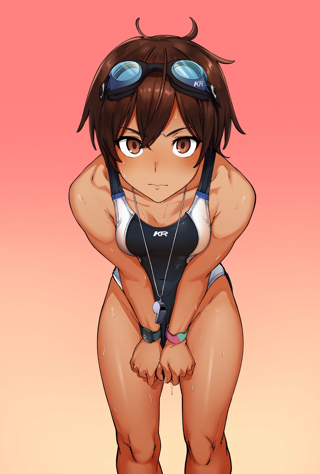 athletic, athletic female, breasts, brown hair, female, goggles on head, human, human only, kr ohoshisama, looking at viewer, medium breasts, one-piece swimsuit, short hair, simple background, solo, solo female, solo focus, standing, swimsuit, swimwear, tanned skin, thighs, tomboy, very short hair, watch