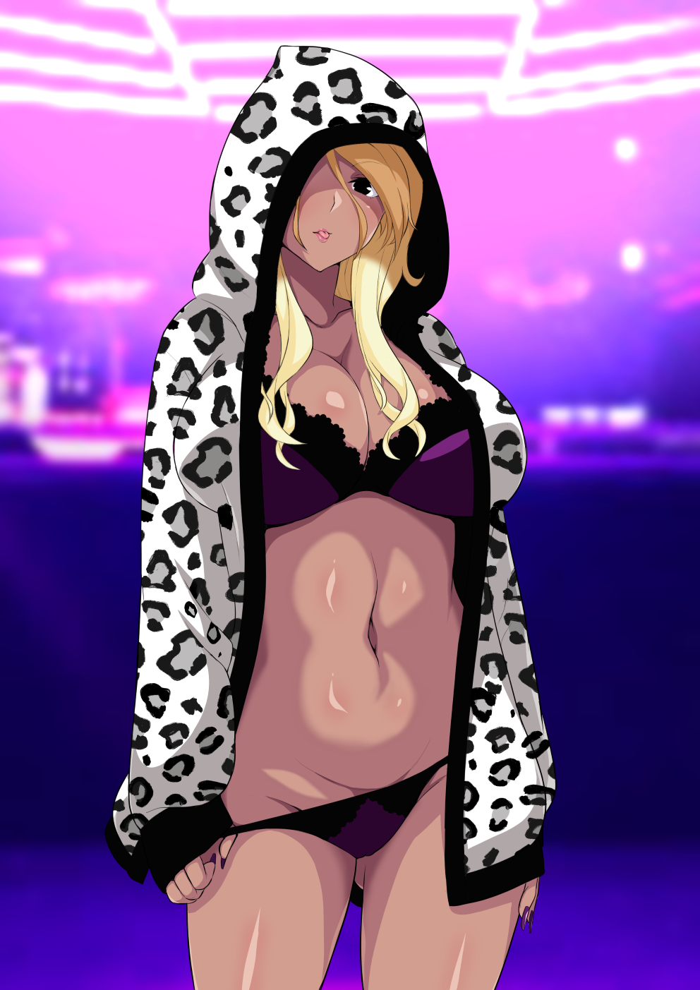 1girls :p animal_print big_breasts black_eyes blonde_hair bra breasts cleavage dark-skinned_female dark_skin female female_only gluteal_fold groin gyaru highres hood hooded_jacket idolmaster idolmaster_shiny_colors izumi_mei jacket kuro_gyaru large_breasts leopard_print long_hair looking_at_viewer nail_polish navel panties purple_bra purple_nails purple_panties sleeves_past_wrists solo solo_female standing tan_skin tawashi1623 tongue tongue_out underwear