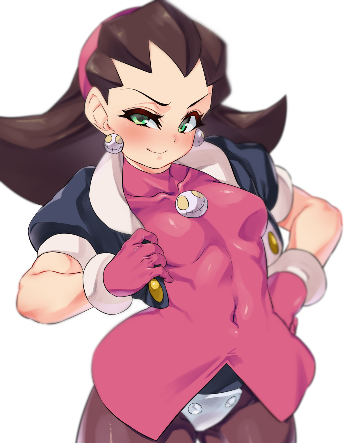 1girls, blush, breasts, brown hair, capcom, clothed, female, female only, green eyes, long hair, mega man, mega man legends, navel, pantyhose, rom, small breasts, tagme, tight clothing, tron bonne