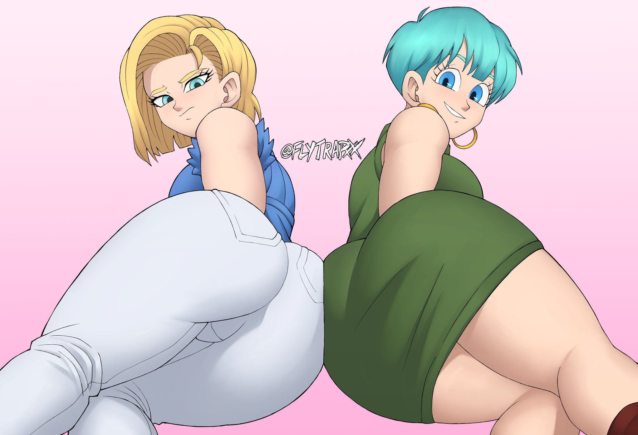 2girls, android 18, ass, ass in dress, big ass, blonde hair, blue eyes, blue hair, bulma briefs, dragon ball, dragon ball super, dragon ball z, dress, female, flytrapxx, fully clothed, looking at viewer, short hair, tight clothing