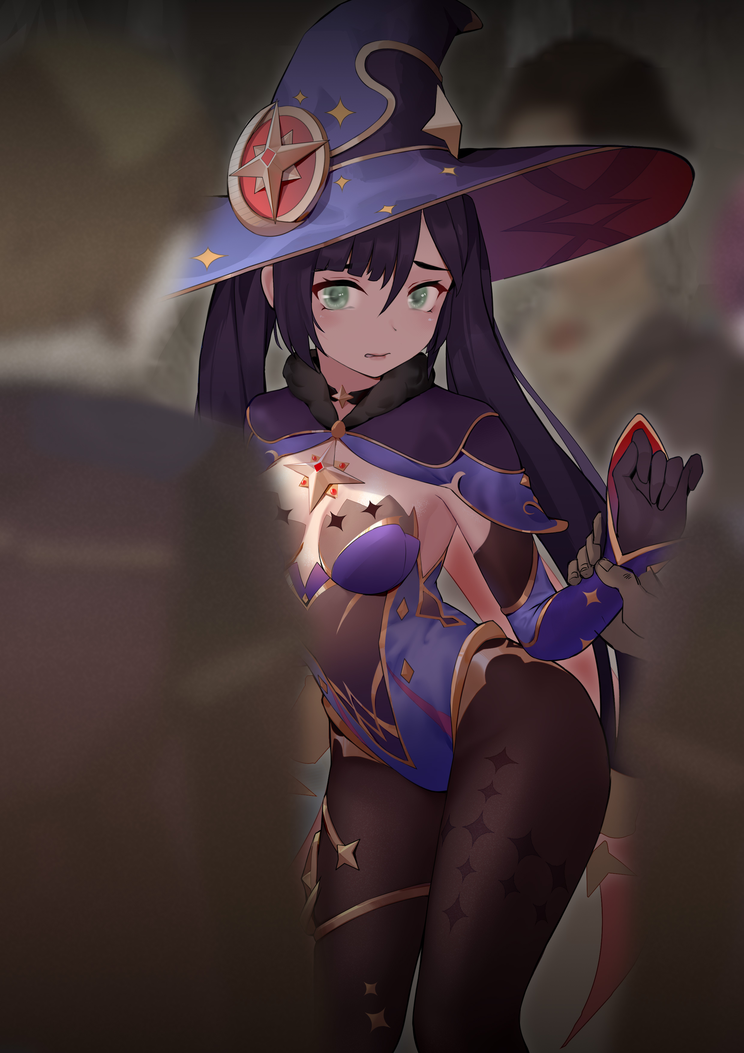1girls, 3boys, artist request, blurry, breasts, captured, choker, cornered, damsel in distress, defeated, defeated heroine, female, female focus, gangbang, gangrape, genshin impact, green eyes, imminent rape, leotard, looking at viewer, male, mona (genshin impact), multiple boys, multiple males, pantyhose, ryona, scared, solo focus, surrounded, trapped, treasure hoarders (genshin impact), twintails, witch hat, wrist grab