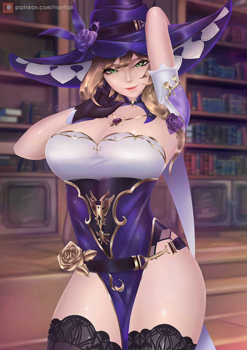 1girls, alternate version at source, alternate version available, arms up, big breasts, blonde hair, breasts, female, female focus, flower, flowers, genshin impact, gloves, indoors, jewelry, librarian, library, lisa (genshin impact), looking at viewer, pinup, riarfian, shiny skin, smooth skin, soft shading, solo, solo female, stockings, thick thighs, voluptuous, witch hat