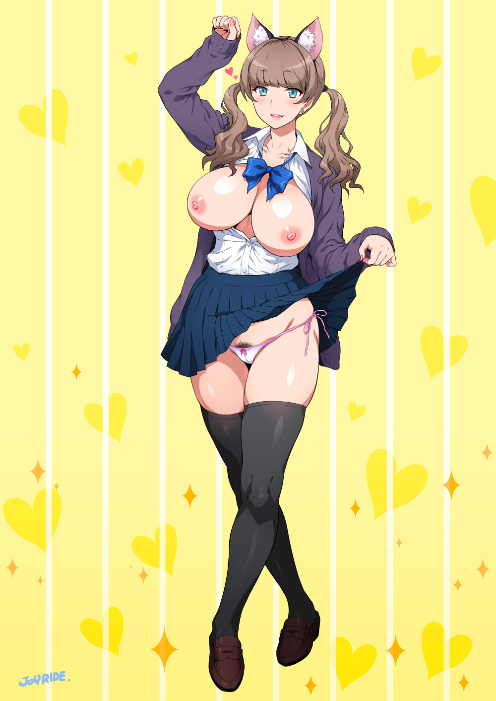1girls, animal ear fluff, animal ears, arm up, artist name, bangs, big breasts, black legwear, blue eyes, breasts, breasts out, brown footwear, brown hair, cat ears, clothed, clothing, collared shirt, dress shirt, earrings, eyebrows visible through hair, female, female pubic hair, full body, hair tie, heart, highres, humanoid, jewelry, joy ride, kemonomimi, large breasts, legs crossed, long hair, long sleeves, nail polish, nipples, no bra, open clothes, open mouth, open shirt, original, original character, panties, partially clothed, paw pose, pleated skirt, pubic hair, pubic hair peek, school uniform, shirt, shirt tucked in, side-tie panties, skirt, solo, standing, sweater, thick thighs, thighhighs, twintails, unbuttoned, underwear, white panties, white shirt, yellow background