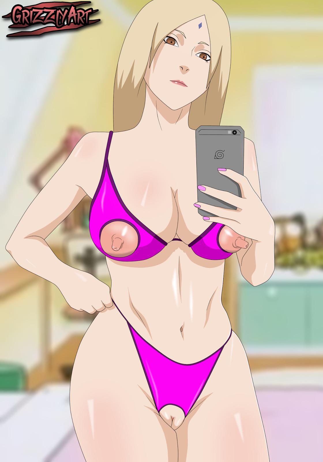 1girls, adjusting swimsuit, areolae, big breasts, bikini, blonde hair, breasts, brown eyes, cellphone, cleavage, cutout, erect nipples, exposed nipples, exposed pussy, facial mark, female, female only, forehead mark, grizzlyart, hair down, holding object, innie pussy, lipstick, long hair, makeup, nail polish, naruto, naruto (series), naruto shippuden, nipple cutout, nipples, pussy, swimsuit, tsunade, vagina, wide hips