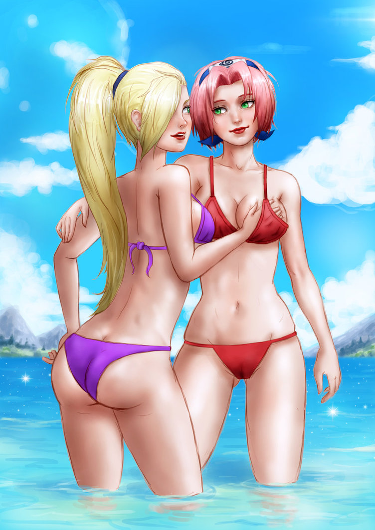2girls, ass, ass crack, bangs, bare shoulders, bikini, blonde hair, blue eyes, breast grab, breasts, butt crack, cameltoe, cleavage, collarbone, female, female only, forehead protector, green eyes, hair over one eye, hairband, hand on breast, ino yamanaka, lipstick, long hair, looking at another, looking at partner, makeup, multiple females, multiple girls, naruto, naruto (series), naruto shippuden, navel, ocean, partially submerged, pink hair, pussy, sakura haruno, short hair, smile, swimsuit, tohaks, water, yuri