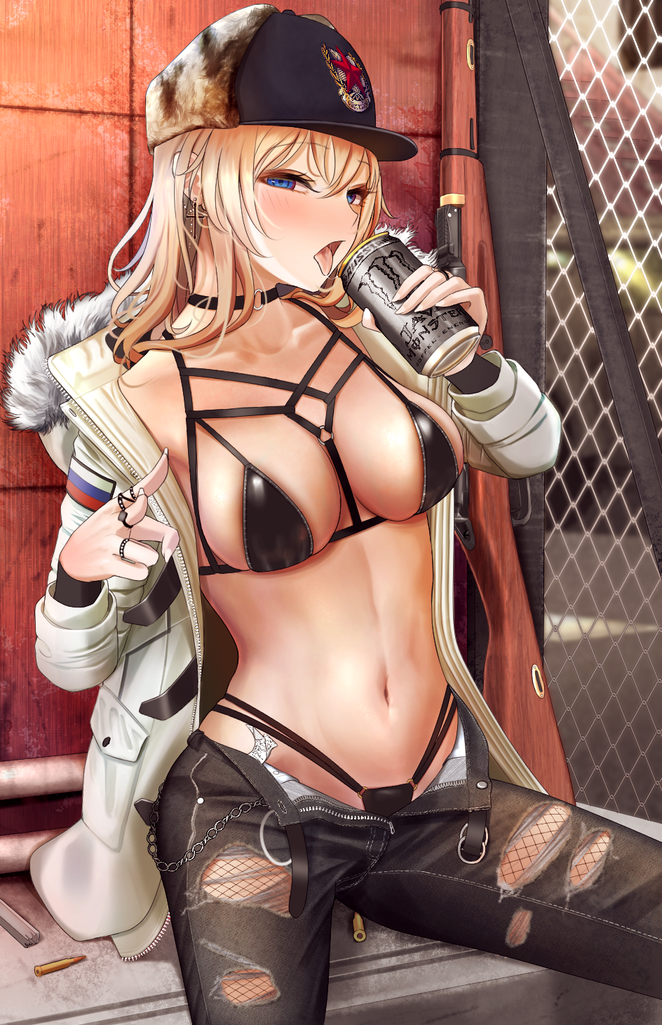 bikini bikini_bottom bikini_top black_bikini blonde_hair blue_eyes collar cross_earrings eastern_european energy_drink female female_only fishnets girls'_frontline mosin-nagant_(girls'_frontline) national_personification russia russian russian_flag slavic tagme tongue_out turisasu v white_jacket