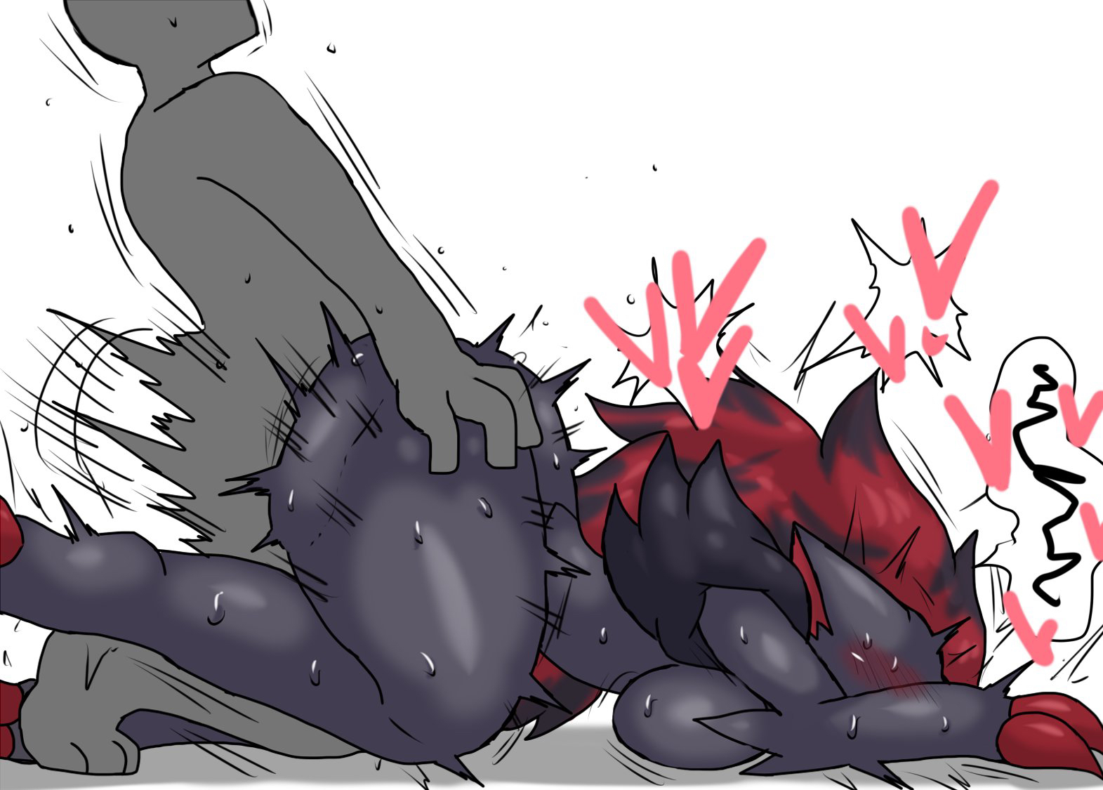 1boy, 1girls, ambiguous penetration, anthro, anthro penetrated, ass, ass grab, big breasts, blush, breasts, doggy style, enigi09, featureless breasts, female, female penetrated, furry, grey fur, heart, hearts, human, human on anthro, human penetrating anthro, interspecies, male, male human/female anthro, male human/female pokemon, nintendo, penile penetration, penis, pokemon, pokemon (species), pokemon bw, pokephilia, red hair, rough sex, sex, side view, spoken heart, sweat, tail, thick thighs, thighs, trembling, white background, zoroark