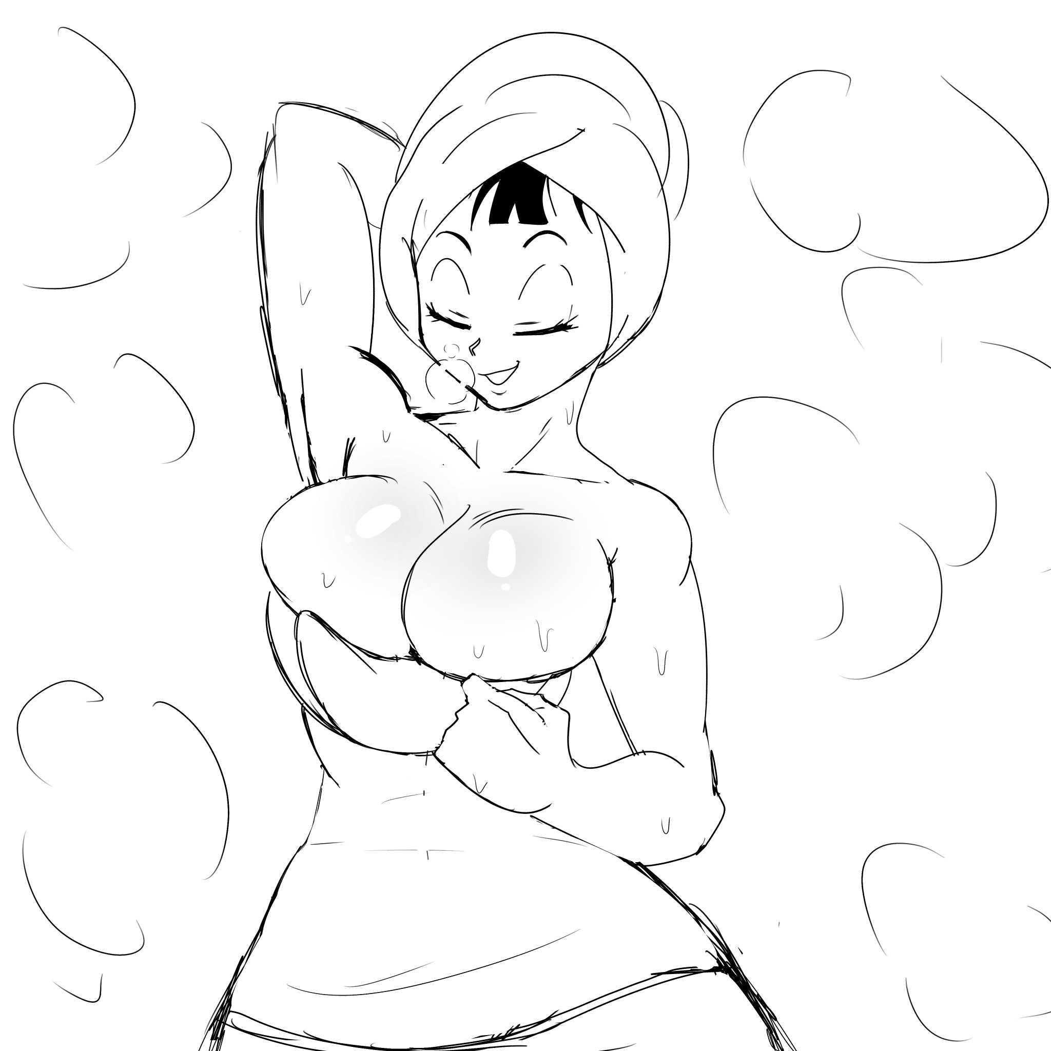 1girls, alternate breast size, big breasts, black hair, breasts, chichi, dragon ball, dragon ball z, female, huge breasts, large breasts, pseudocel, solo, towel, wet
