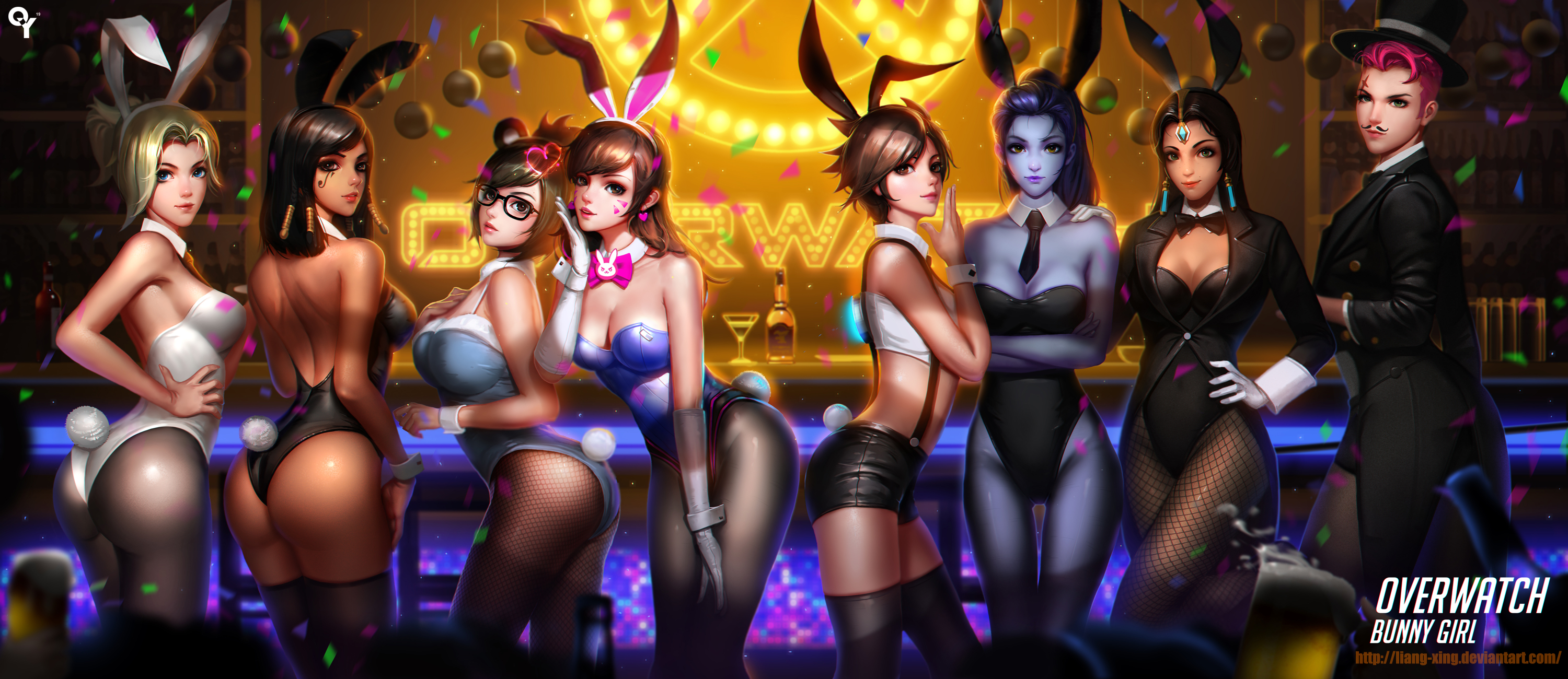 2d, 6+girls, 8girls, asian, asian female, ass, bar, beer, big ass, big breasts, blonde hair, blue skin, booty shorts, breasts, brown hair, brunette, bunny costume, bunny ears, cleavage, d.va, dark skin, dark-skinned female, egyptian, elbow gloves, facepaint, fake animal ears, fake mustache, female, female only, fishnets, glasses, gloves, indian, large breasts, liang xing, light skin, light-skinned female, medium ass, medium breasts, mei (overwatch), mercy, multiple females, multiple girls, overwatch, pharah, pink hair, purple hair, purple skin, scar, shorts, suspenders, symmetra, take your pick, thighhighs, tie, top hat, tracer, widowmaker, zarya