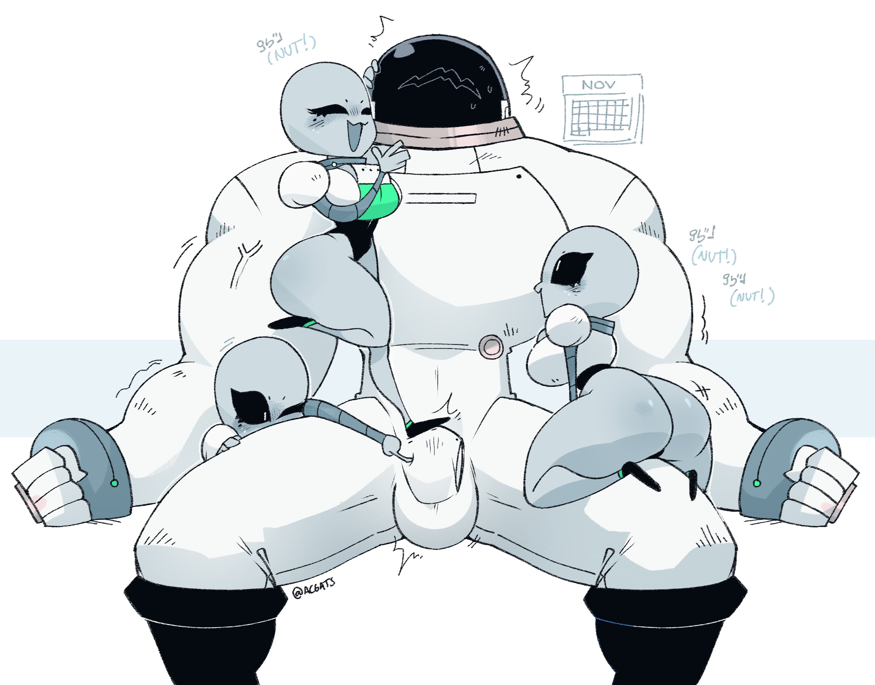 :3, 1boy, 2020, 3girls, alien, alien girl, artist signature, ass, astronaut, black eyes, black sclera, breasts, bulge, clothed, clothing, dialogue, faceless male, female, femdom, fully clothed, gats, grey skin, huge ass, male, male focus, muscular, muscular male, no nut november, no nut sabotage, penis, restrained, shortstack, size difference, space helmet, spacesuit, stepping on penis, text, thick thighs, thighs, trembling, wide hips