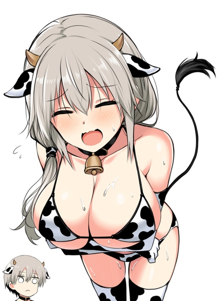 1boy, 1girls, artist request, big breasts, breasts, cow bikini, cow ears, cow horns, cow print, cow tail, female, male, milf, tagme, uzaki hana, uzaki tsuki, uzaki-chan wa asobitai!