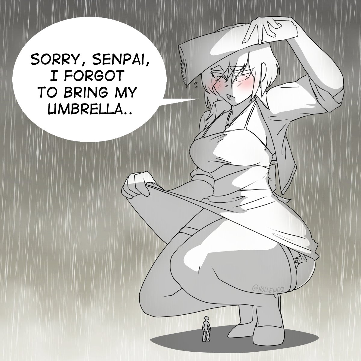 1boy, 1girls, blush, clothed, clothing, duo, english text, female, garter straps, gentle giantess, giantess, hollewdz, macro, male, micro male, monochrome, raining, squatting, stockings, text, thighhighs