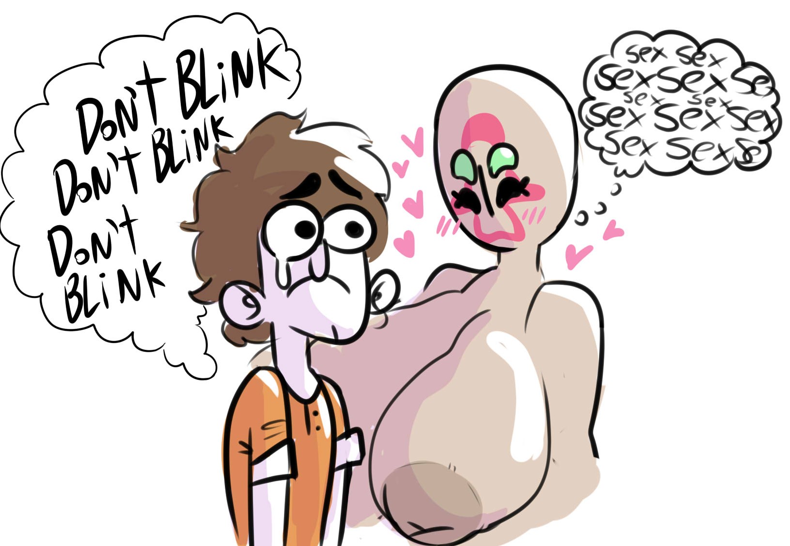 1boy, 1girls, ass, big ass, big belly, big breasts, big butt, big nipples, breasts, brown hair, chubby, chubby female, crying, cumlord, cumlord (artist), d-class, female, female focus, horny, imminent rape, imminent sex, inverted nipples, just coffee, male, number, orange shirt, rape, scp, scp foundation, scp-173, simple background, simple face, sketch, text