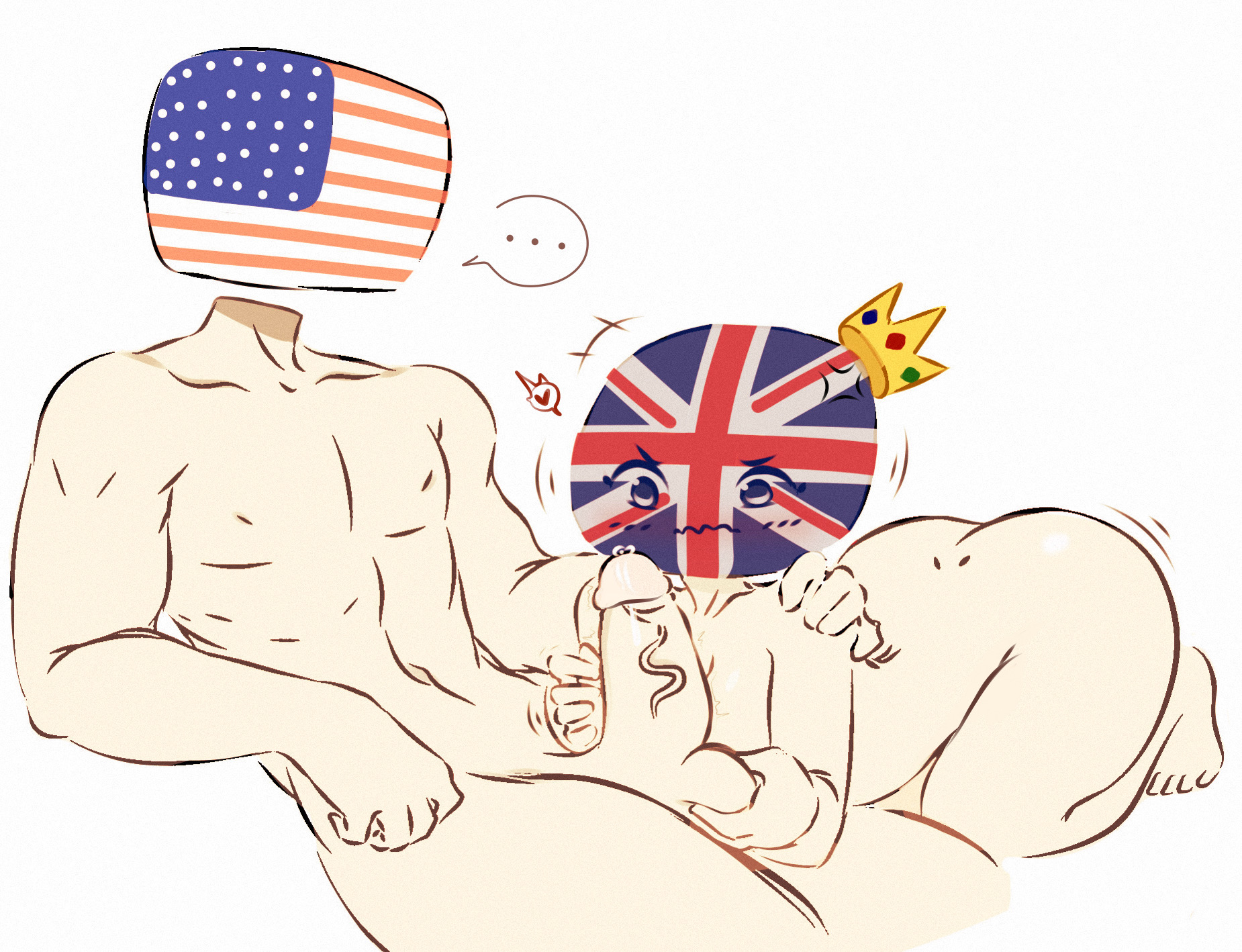 1boy, 1girls, balls, breasts, countryhumans, countryhumans girl, duo, female, flag, flawsy, flustered, humanoid, humanoidized, imminent oral, male, nude, pale skin, penis, personification, precum, straight, union jack, united kingdom, united kingdom (countryhumans), united states of america (countryhumans), wavy mouth