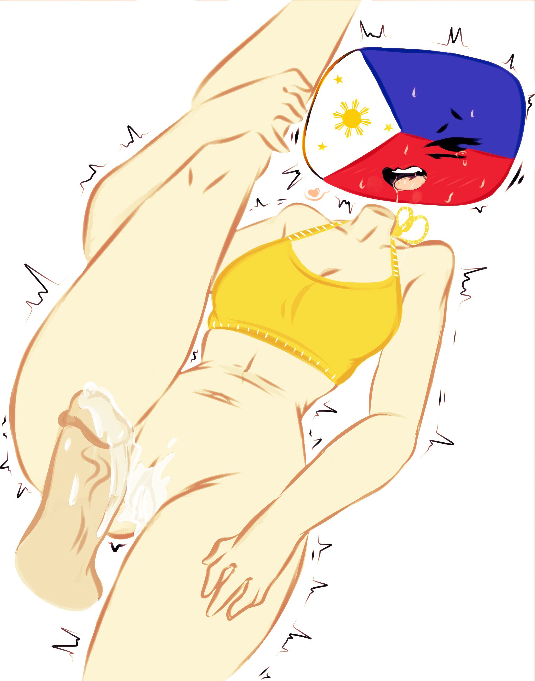 1boy, 1girls, after orgasm, after sex, after vaginal, ahe gao, almost naked, almost nude, belly, belly button, big penis, breasts, countryhumans, countryhumans girl, cum, cum drip, cum in pussy, cum inside, disembodied penis, female, female focus, flawsy, grabbing, grabbing own leg, humanoid, japan (countryhumans), leg grab, leg up, light skin, light-skinned female, light-skinned male, looking away, looking pleasured, lying, lying on back, male, medium breasts, missing eye, no panties, no underwear, one eye visible, open mouth, orgasm, penis, philippine flag, philippines (countryhumans), pleasured, pleasured face, pleasured female, pussy, saliva, simple background, tongue, tongue out, twitch lines, white background, yellow bra