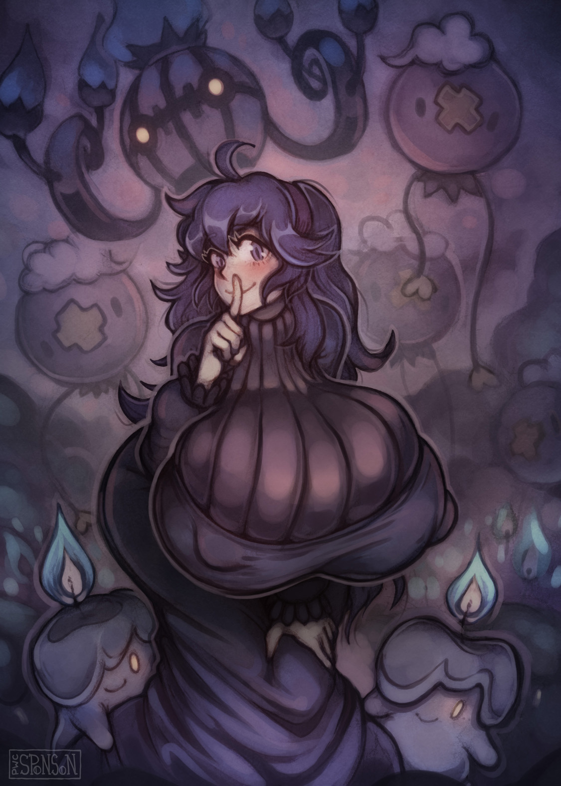 1girls, alternate breast size, breasts, cleavage, female, gigantic breasts, hex maniac, hyper, hyper breasts, nipple bulge, pokemon, pokemon xy, pwcsponson, solo focus, thick thighs, wide hips